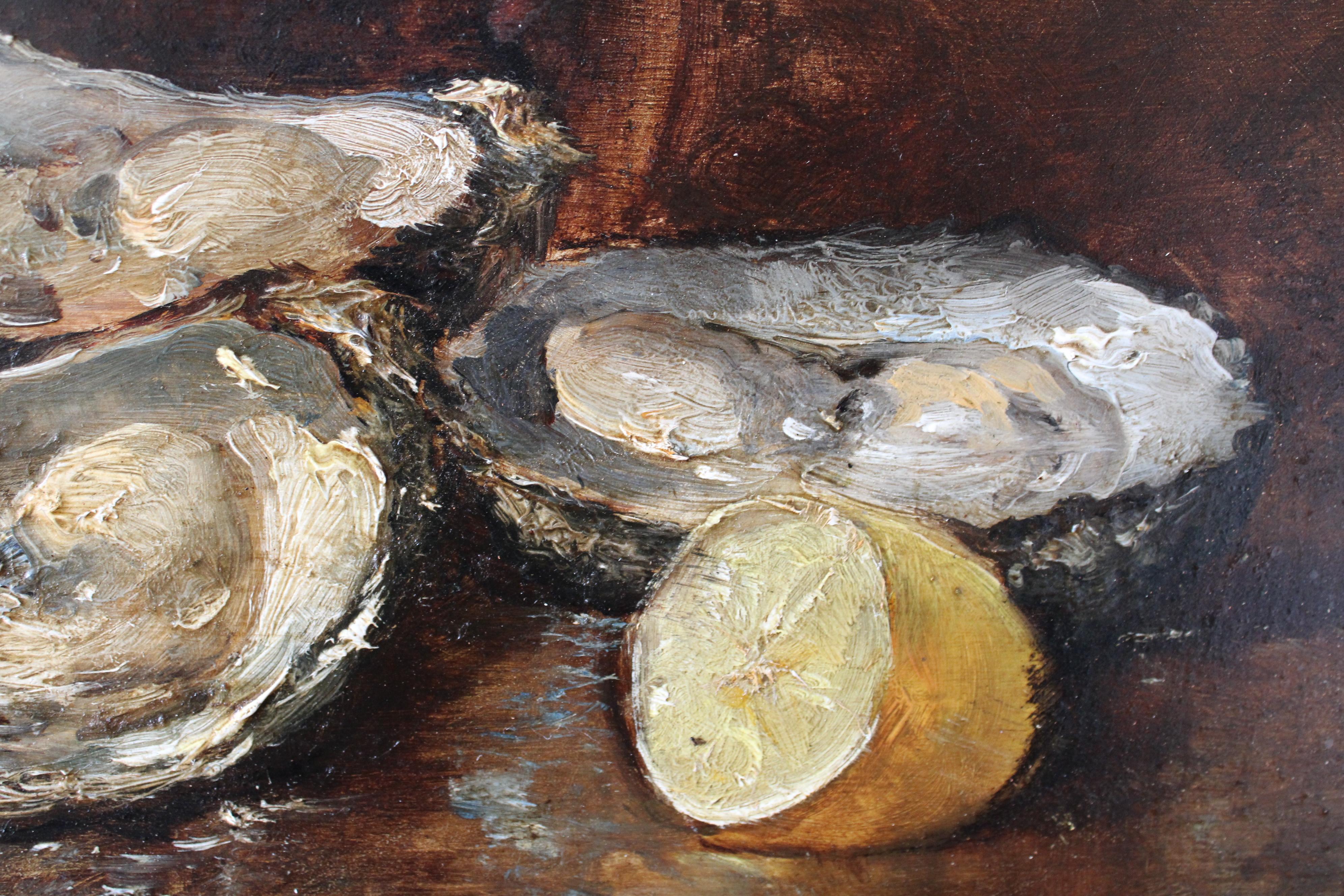 Antique Original Französisch Austern Ölgemälde auf Holz, Austern und Zitrone im Angebot 3