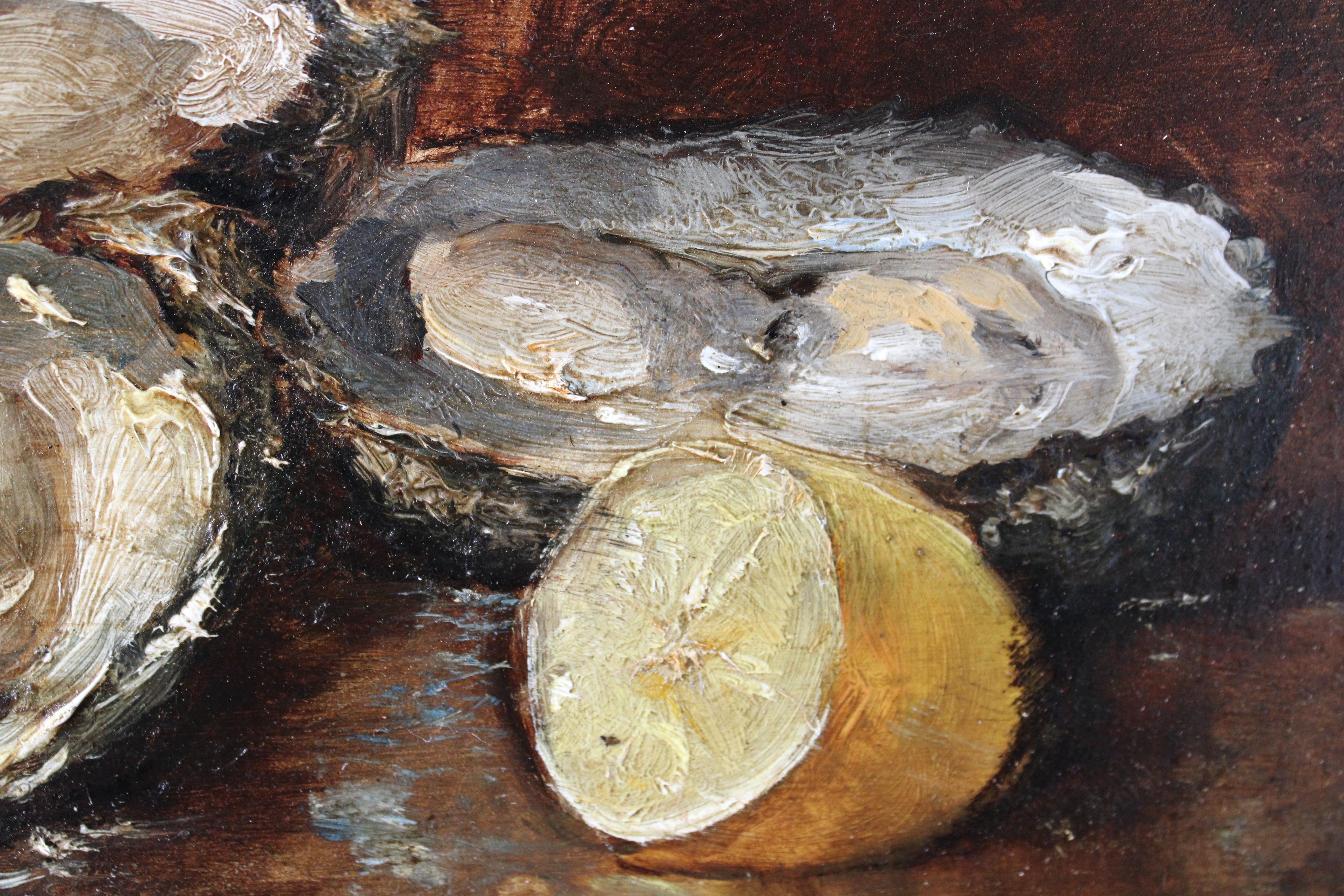 Antique Original Französisch Austern Ölgemälde auf Holz, Austern und Zitrone im Angebot 4