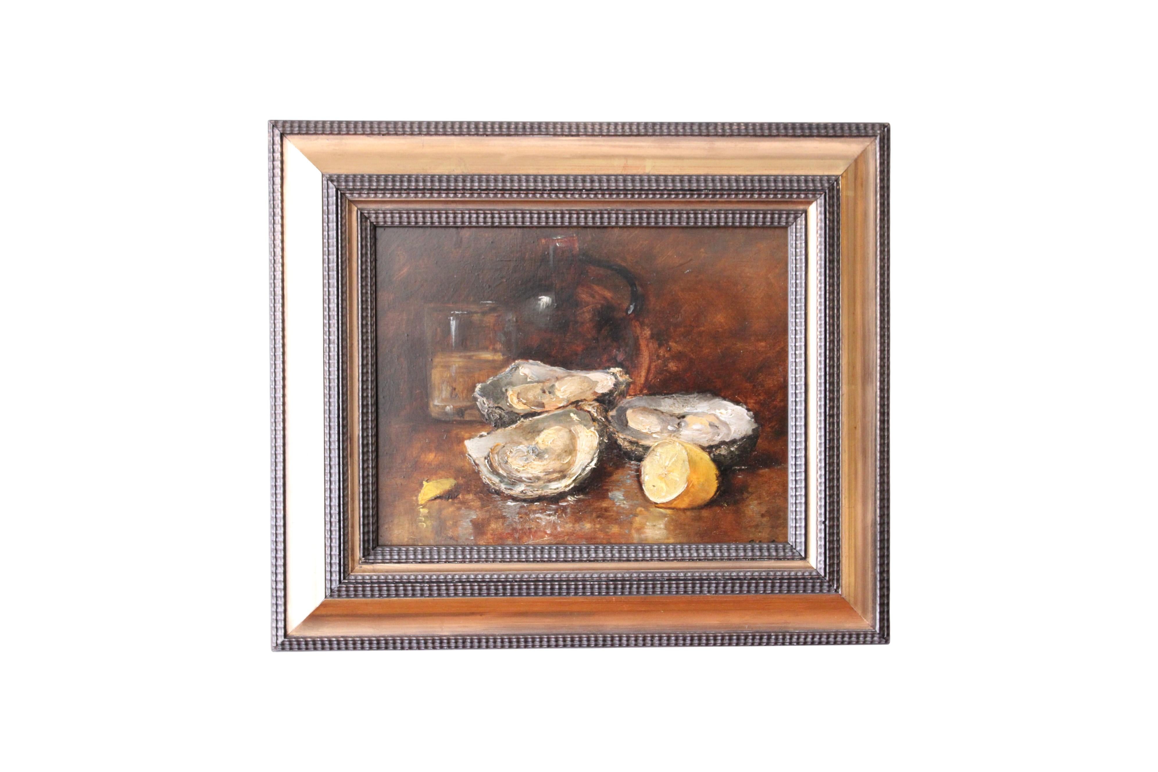 Unknown Still-Life Painting – Antique Original Französisch Austern Ölgemälde auf Holz, Austern und Zitrone