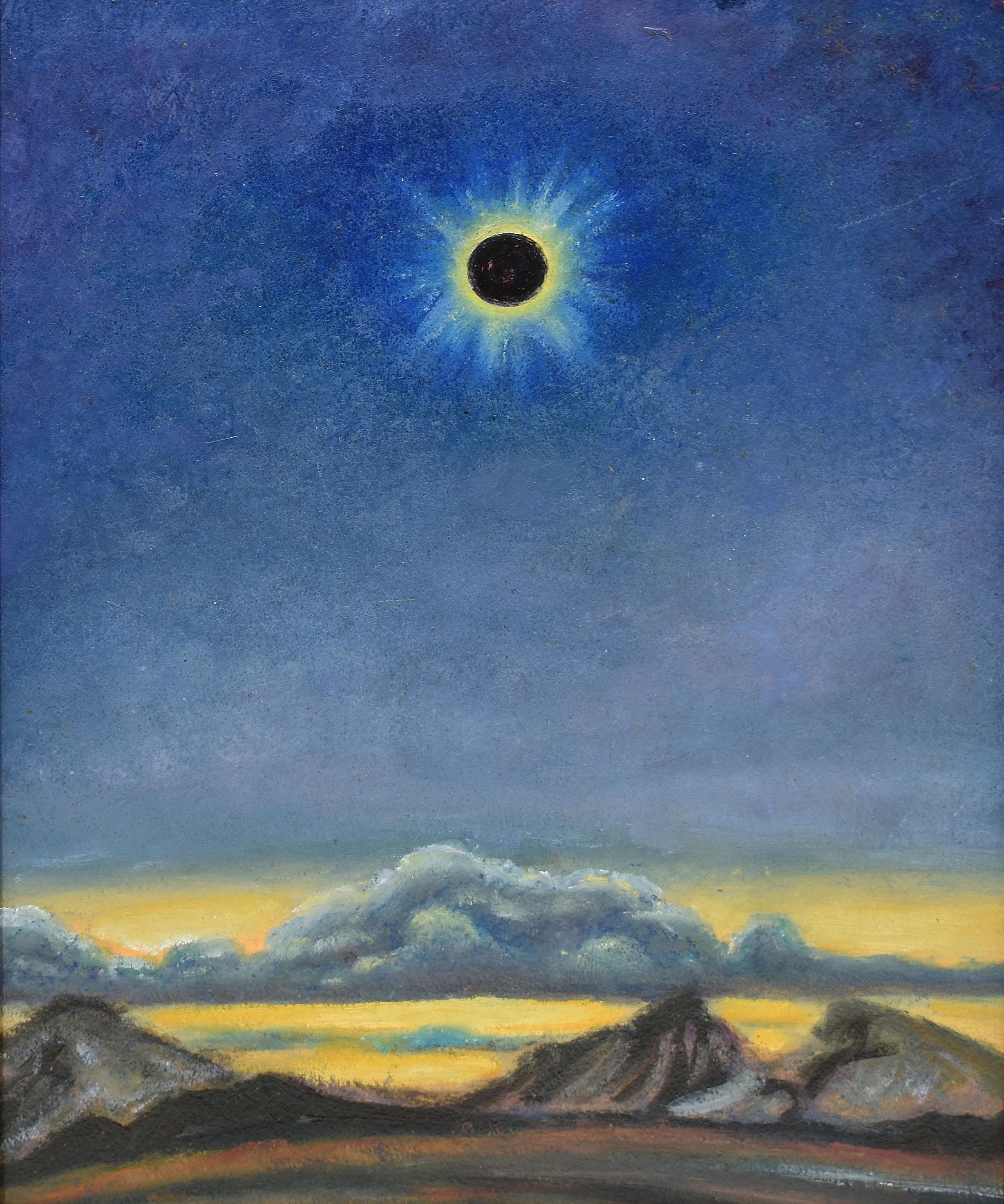 Antique American modernist landscape painting of a solar eclipse.  Oil on board, circa 1920.  Unsigned.  Displayed in a modern frame.  Image size, 12