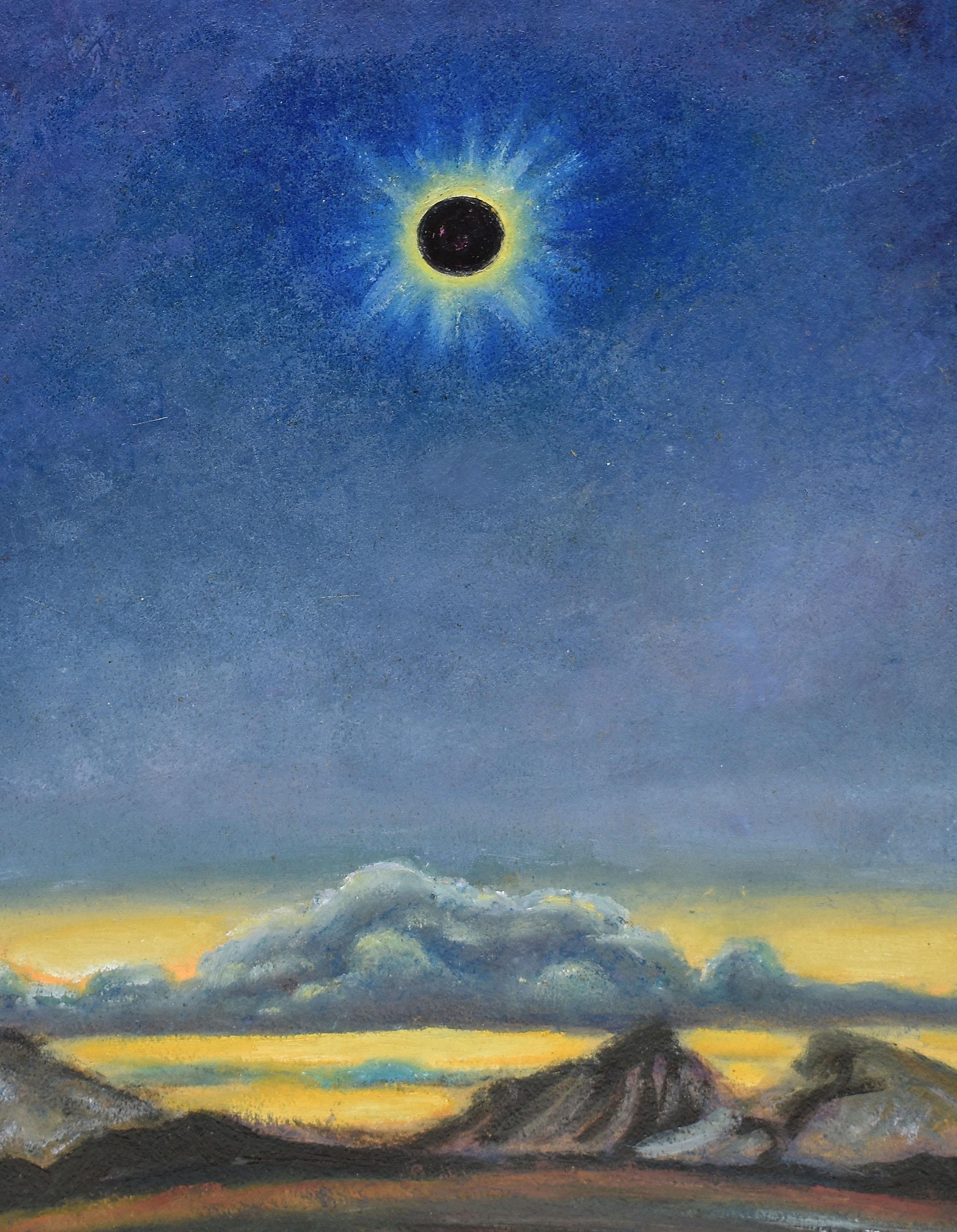 Antique Original Oil Painting of Solar Eclipse Modernist Celestial Landscape 1