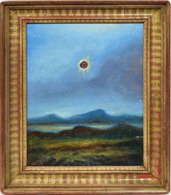 Antique Original Oil Painting of Solar Eclipse Modernist Celestial Landscape