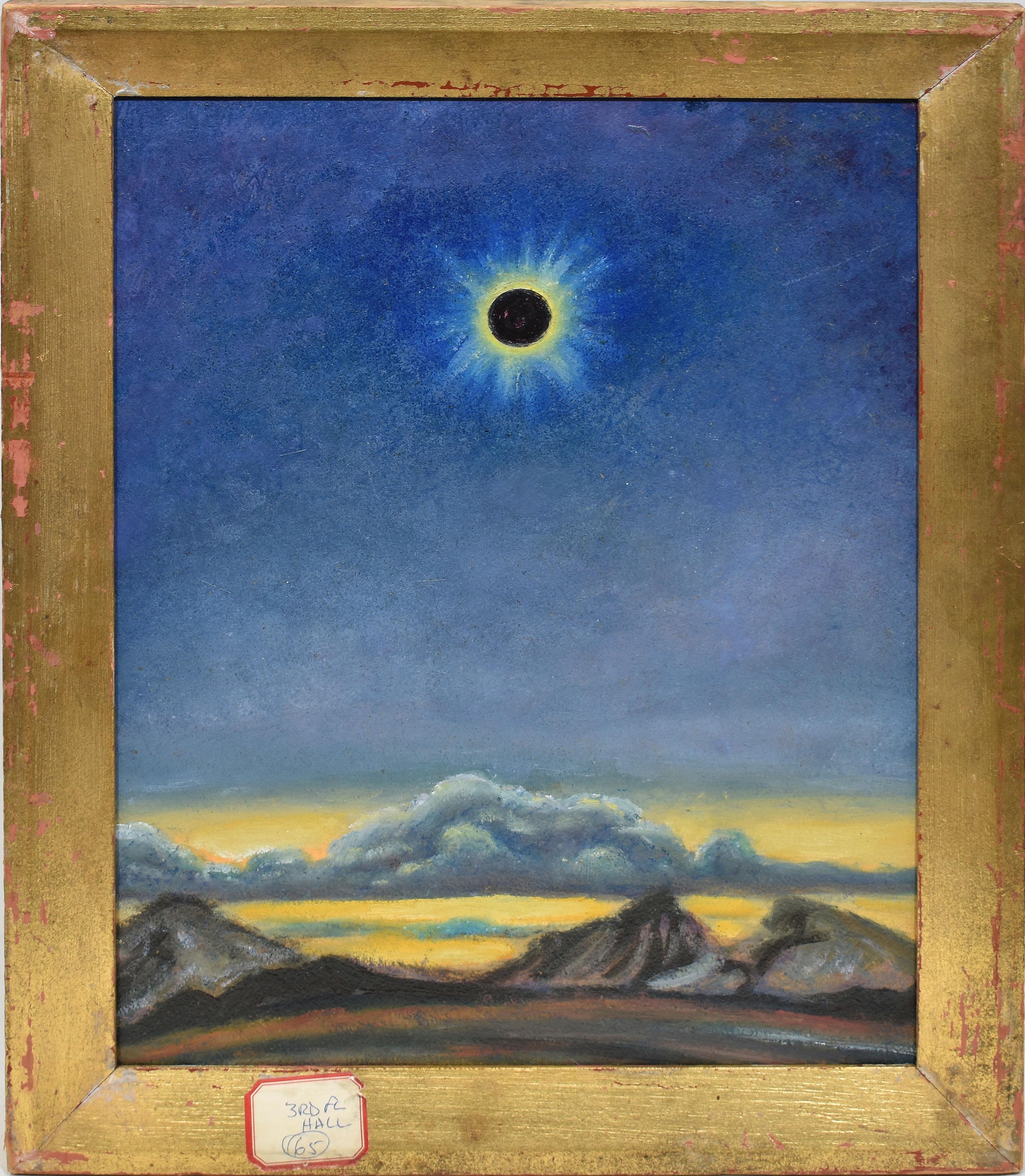 Unknown Landscape Painting – Antique Original Oil Painting of Solar Eclipse Modernist Celestial Landscape