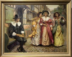 Antique original oil painting on canvas, Genre Scene, Framed