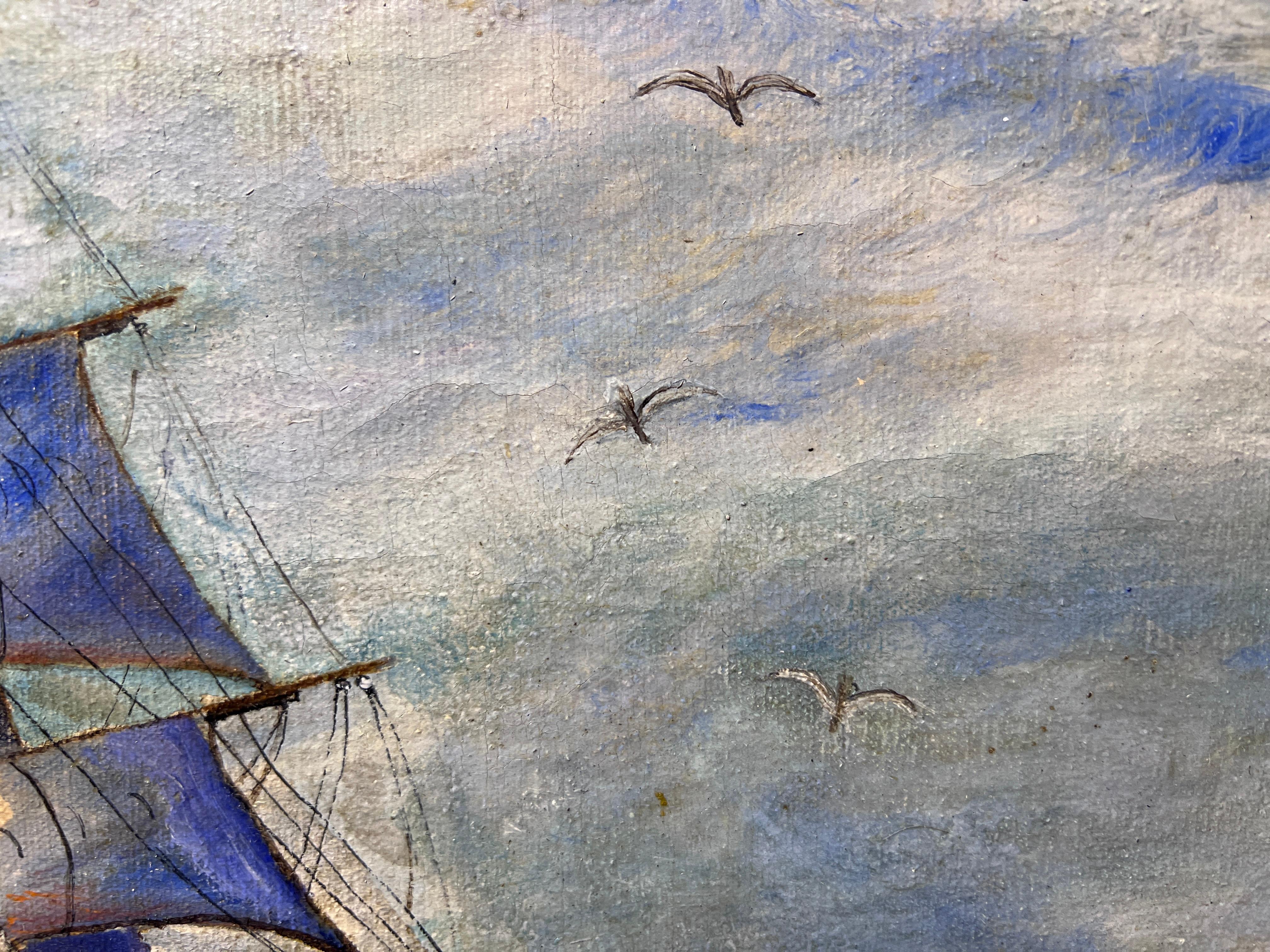 Antiguo Óleo original sobre lienzo, paisaje marino, Barco de vela, firmado 5