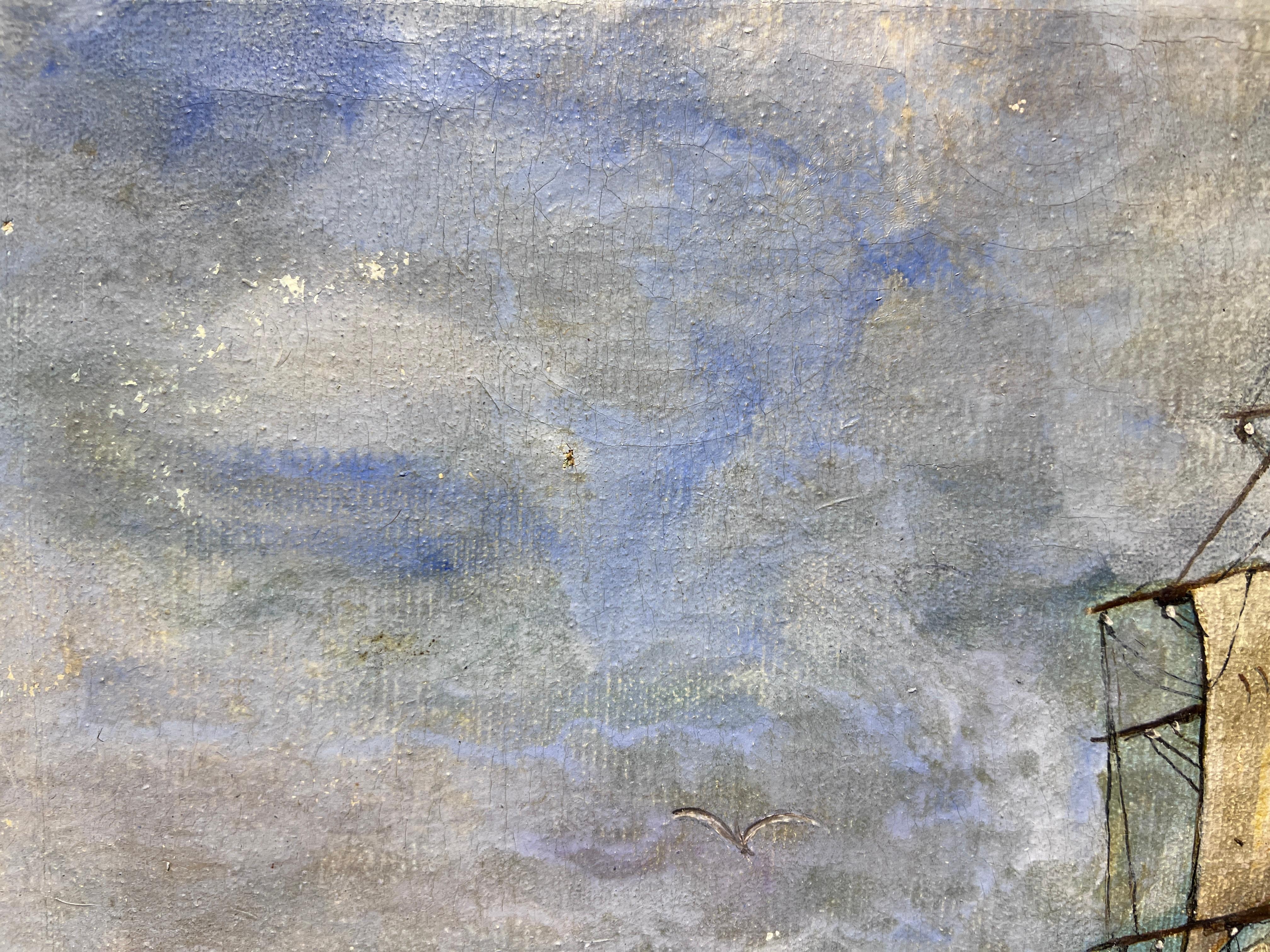 Antiguo Óleo original sobre lienzo, paisaje marino, Barco de vela, firmado 6