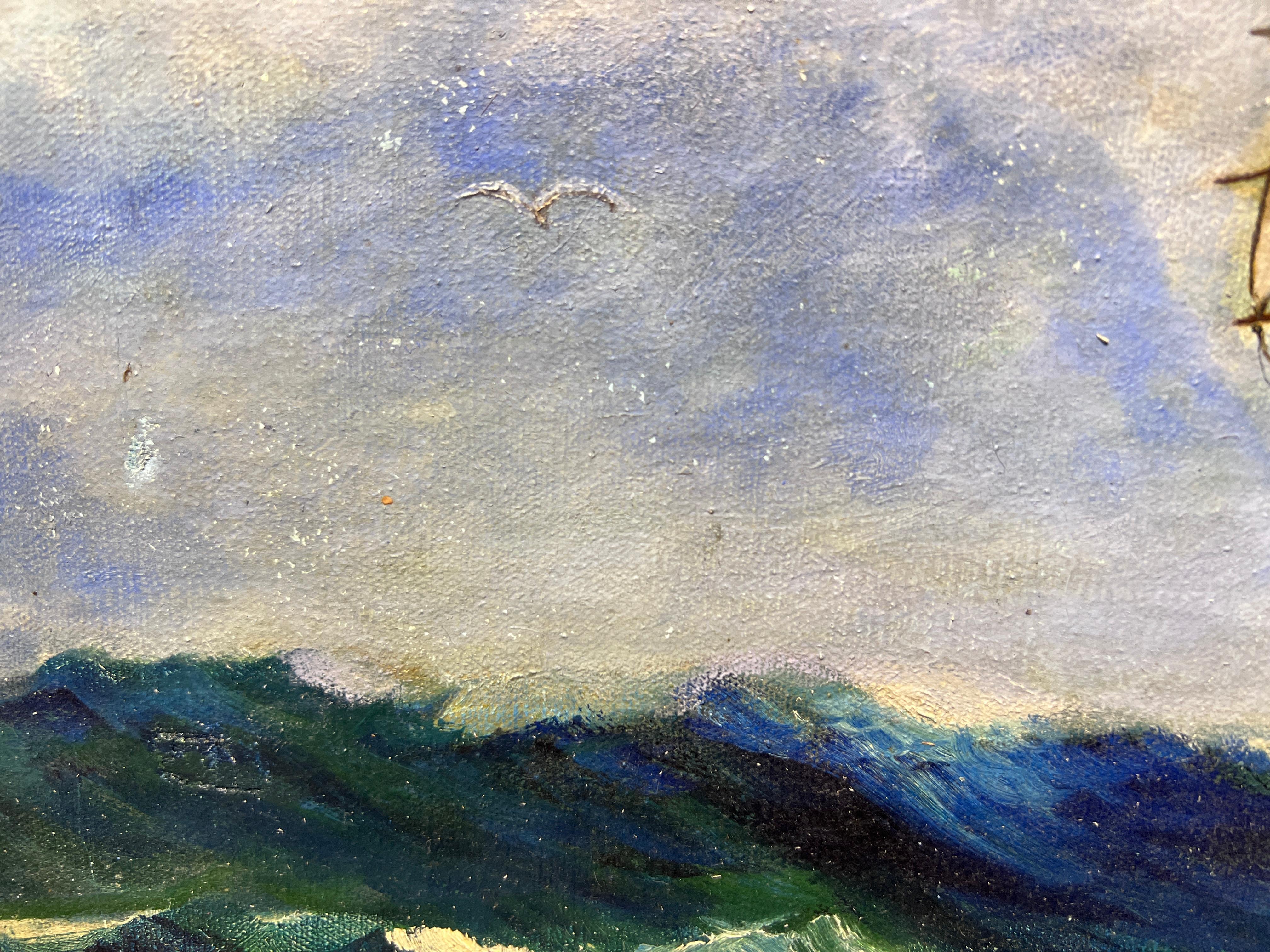 Antiguo Óleo original sobre lienzo, paisaje marino, Barco de vela, firmado 7