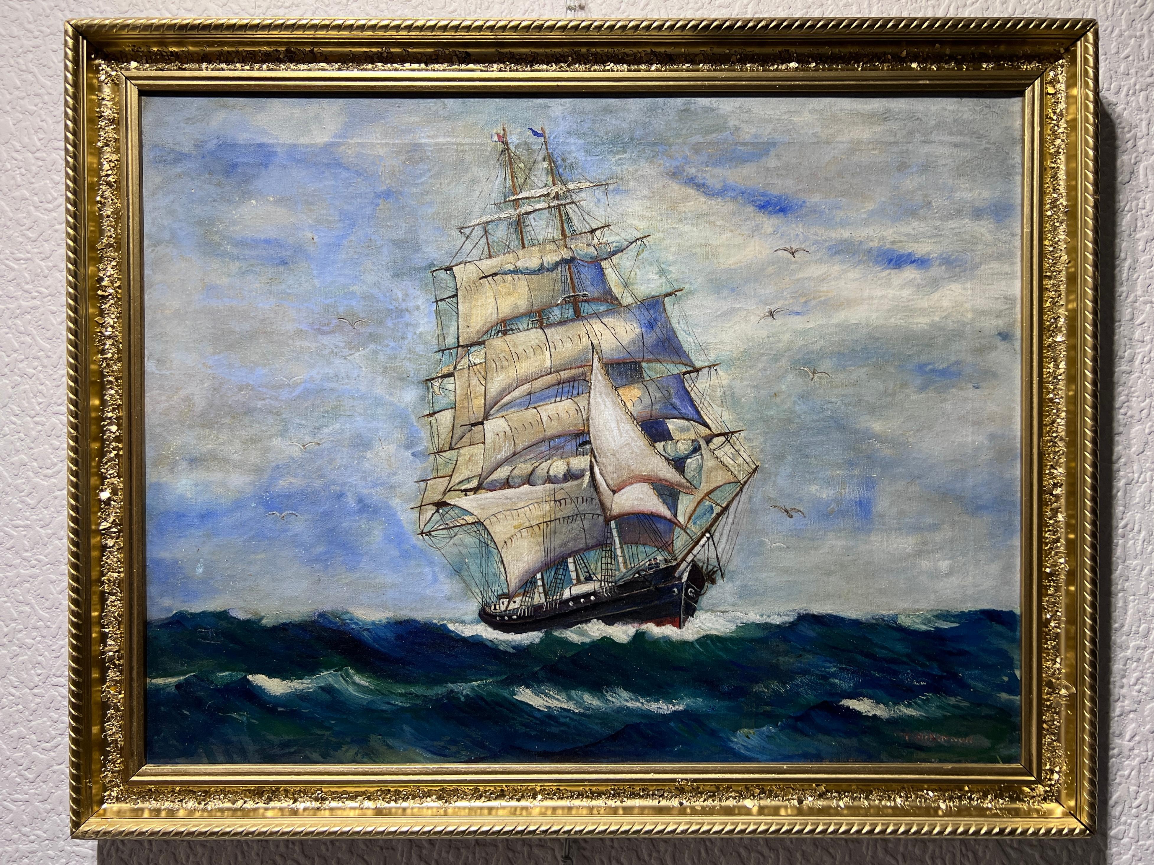 Antiguo Óleo original sobre lienzo, paisaje marino, Barco de vela, firmado - Painting de Unknown