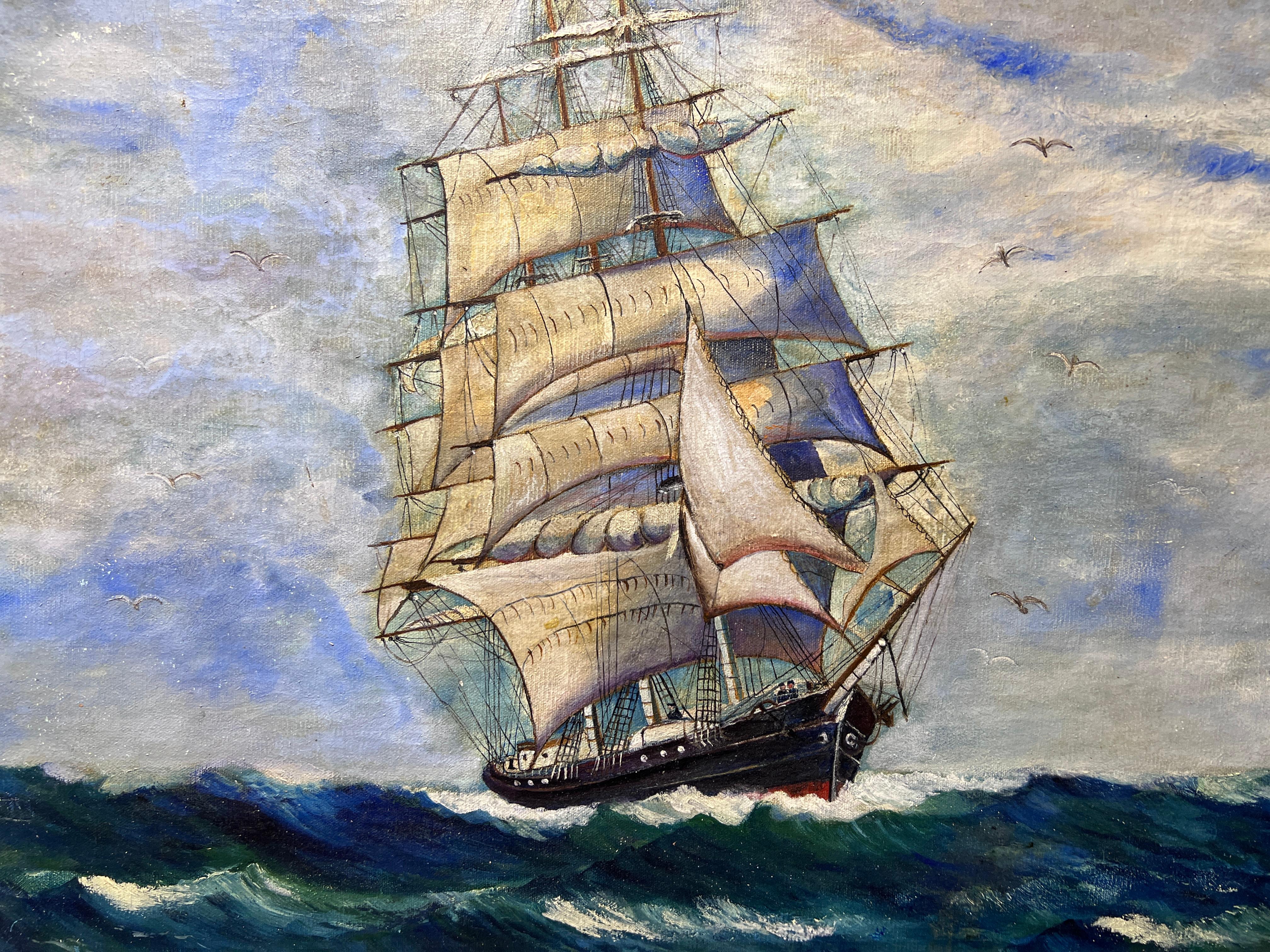 Antiguo Óleo original sobre lienzo, paisaje marino, Barco de vela, firmado - Painting Impresionista de Unknown