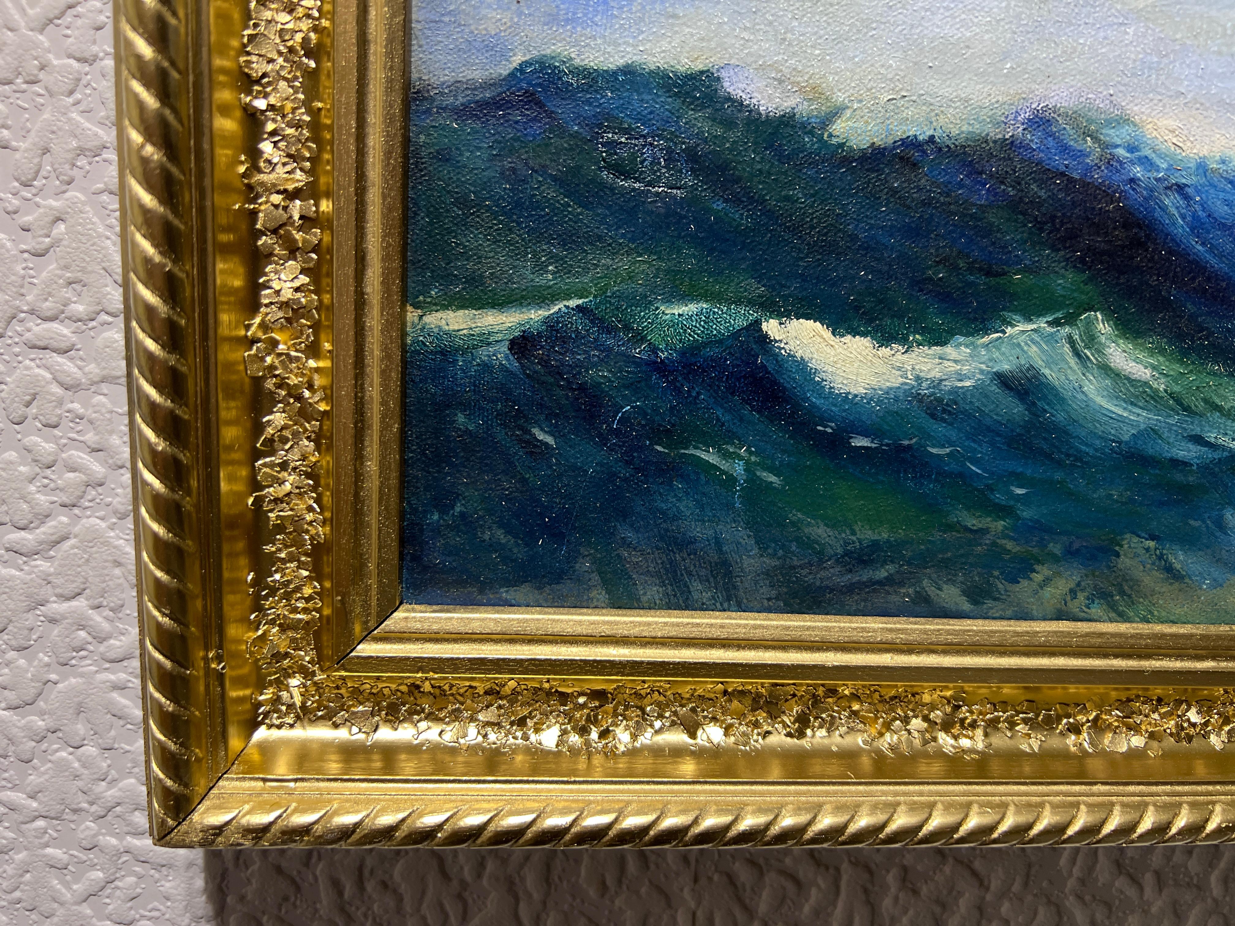 Antiguo Óleo original sobre lienzo, paisaje marino, Barco de vela, firmado - Landscape Painting Gris de Unknown