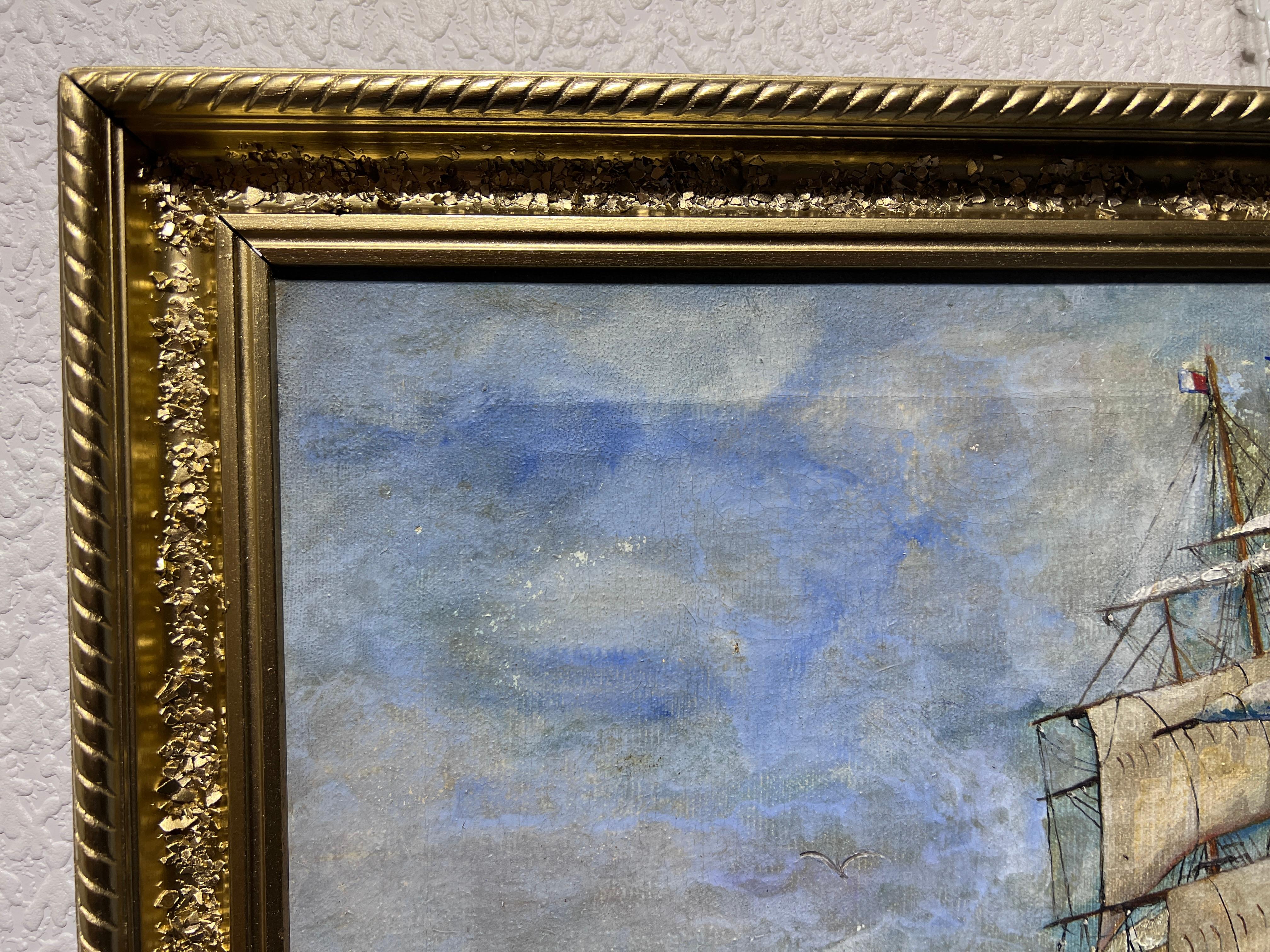 Se trata de un óleo antiguo original sobre lienzo, que representa Barco de vela en alta mar. Muy bien hecho, grandes colores azules. 

Enmarcado mide 30 
