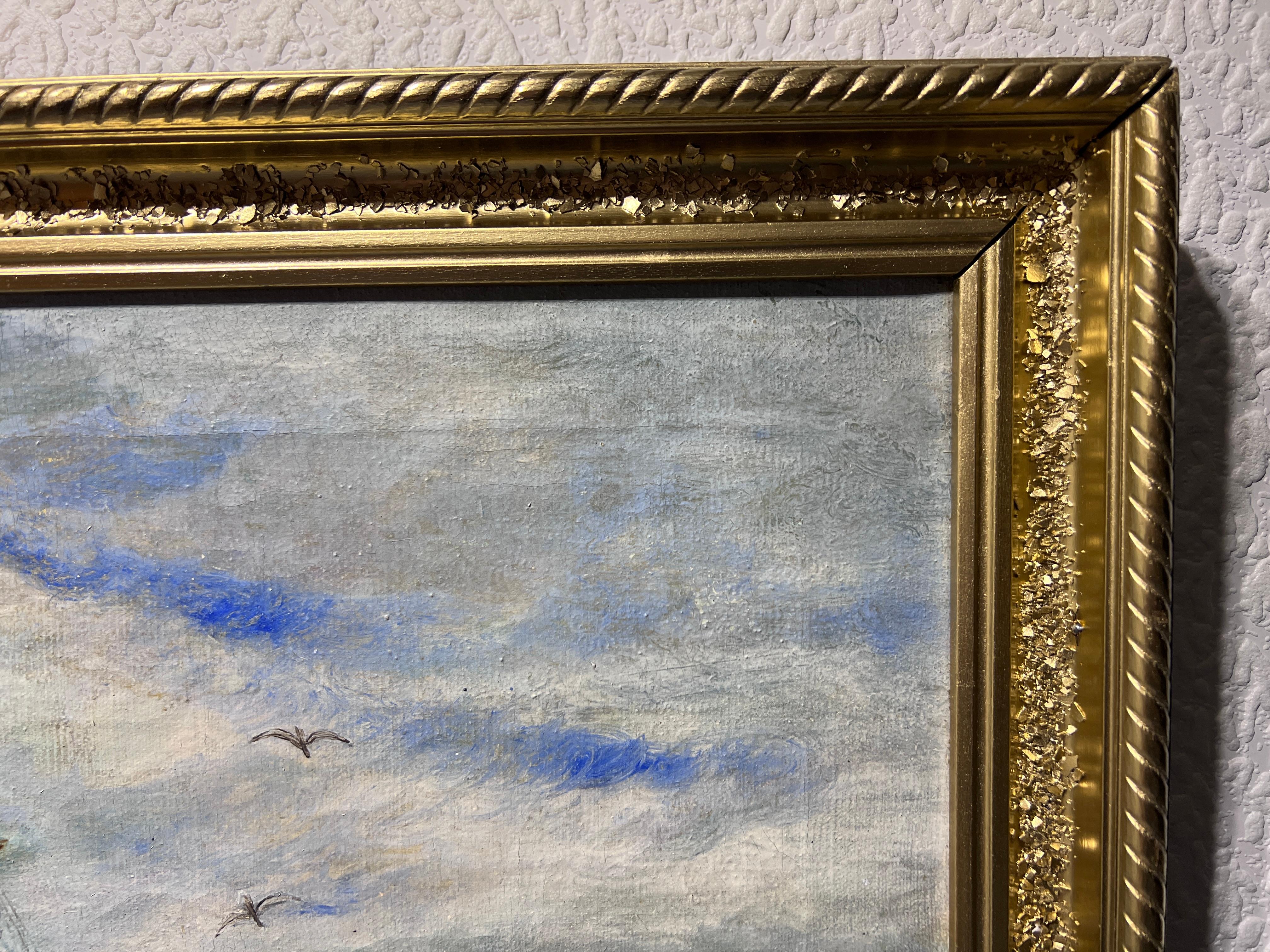 Antiguo Óleo original sobre lienzo, paisaje marino, Barco de vela, firmado 1