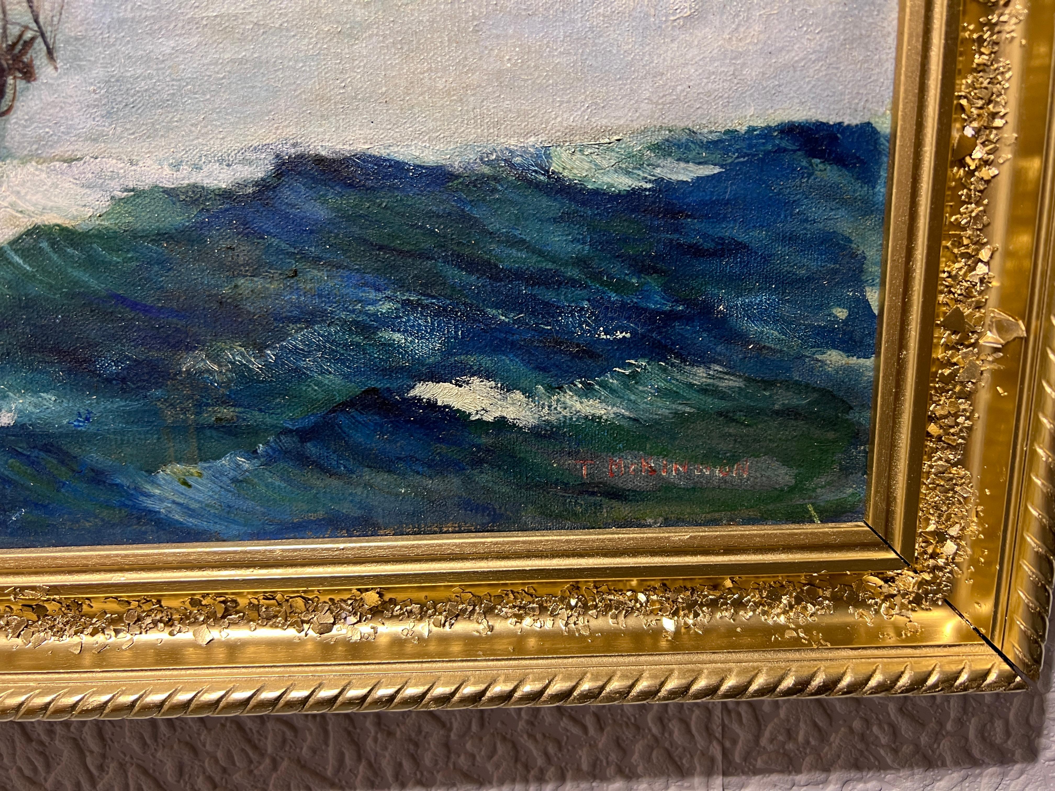 Antiguo Óleo original sobre lienzo, paisaje marino, Barco de vela, firmado 2