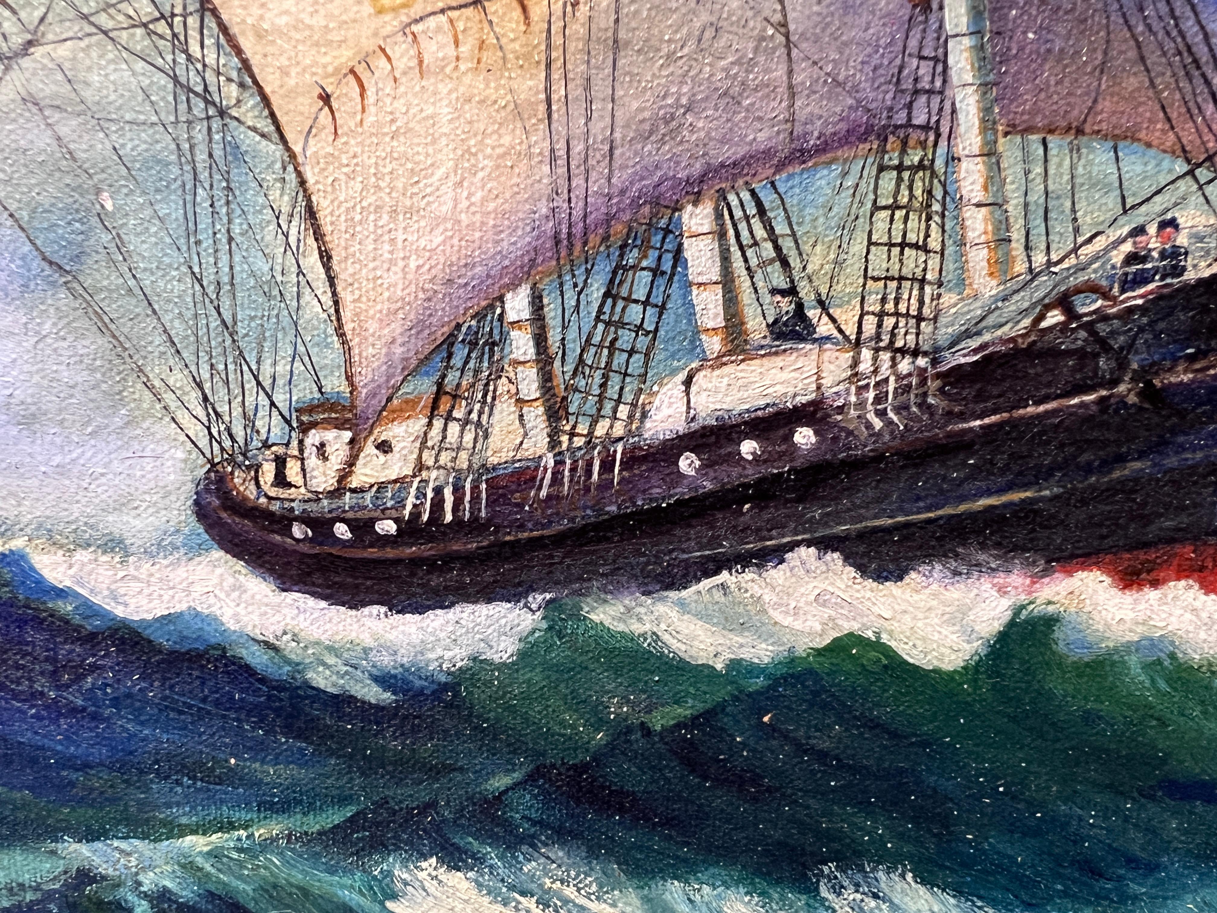 Antiguo Óleo original sobre lienzo, paisaje marino, Barco de vela, firmado 4