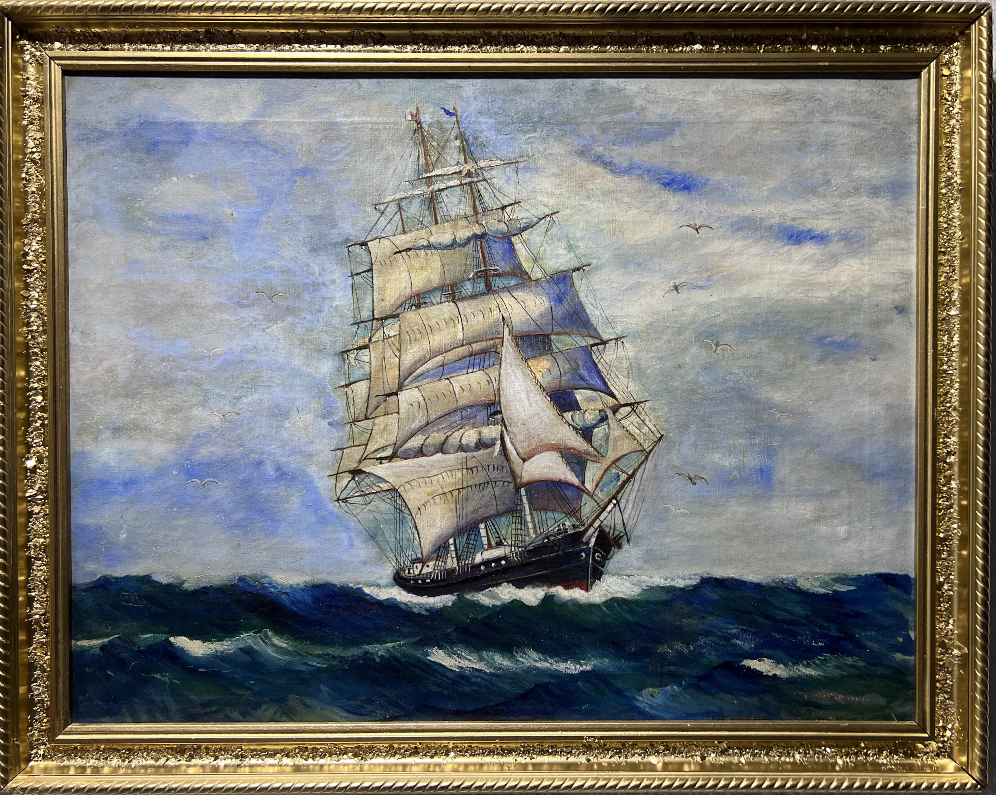 Landscape Painting de Unknown - Antiguo Óleo original sobre lienzo, paisaje marino, Barco de vela, firmado