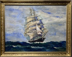 Antiguo Óleo original sobre lienzo, paisaje marino, Barco de vela, firmado