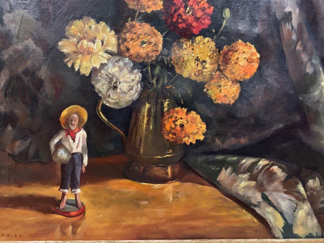 Antiguo Óleo Original Sobre Lienzo, Bodegón, flores, Firmado, Enmarcado en venta 6