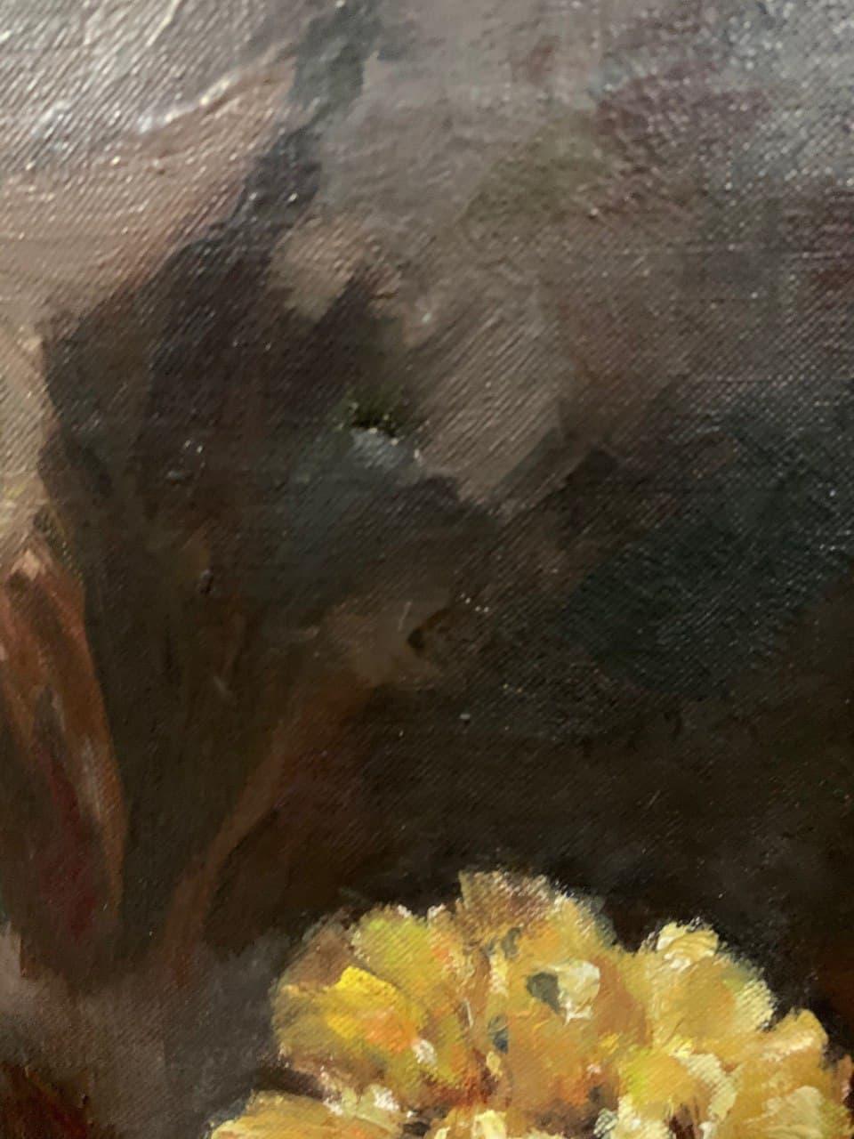 Antiguo Óleo Original Sobre Lienzo, Bodegón, flores, Firmado, Enmarcado - Still-Life Painting Marrón de Unknown