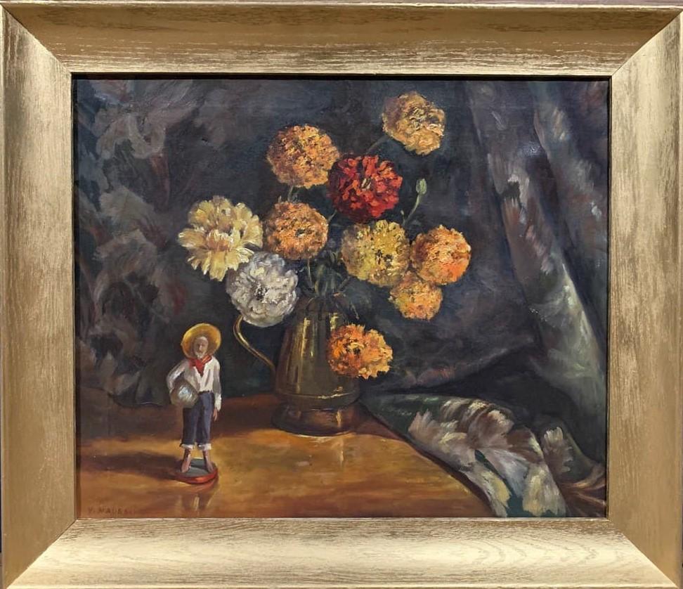 Still-Life Painting de Unknown - Antiguo Óleo Original Sobre Lienzo, Bodegón, flores, Firmado, Enmarcado