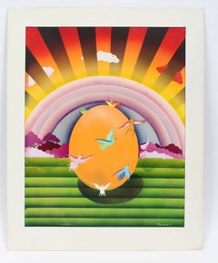 Antique Original Signed Surreal Landscape Art Deco Flying Bird Rainbow Painting