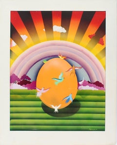 Antikes Original signiertes surreales Landschaftsgemälde, Art déco, fliegender Vogel, Regenbogen