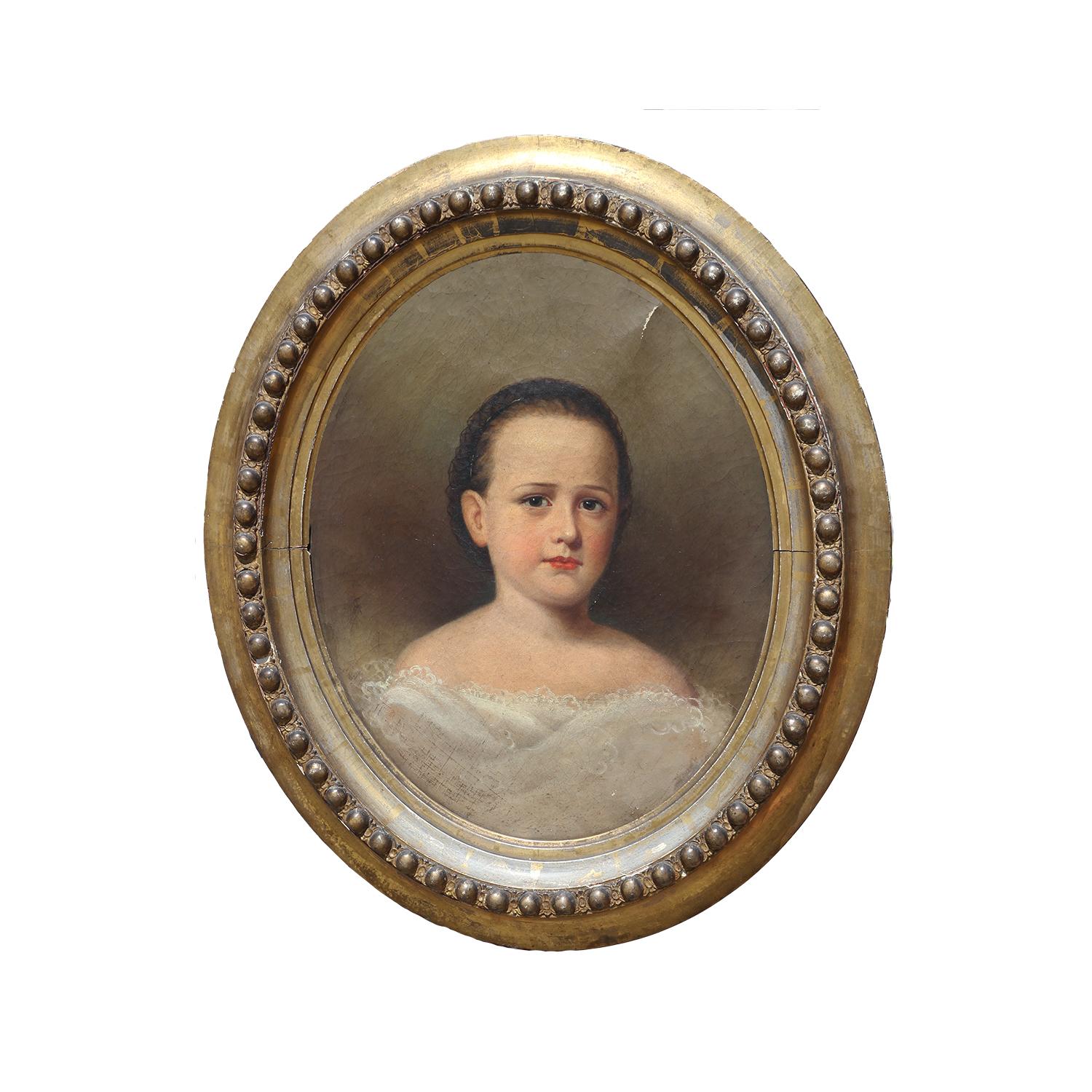 Portrait réaliste ovale ancien d'une jeune femme - Painting de Unknown