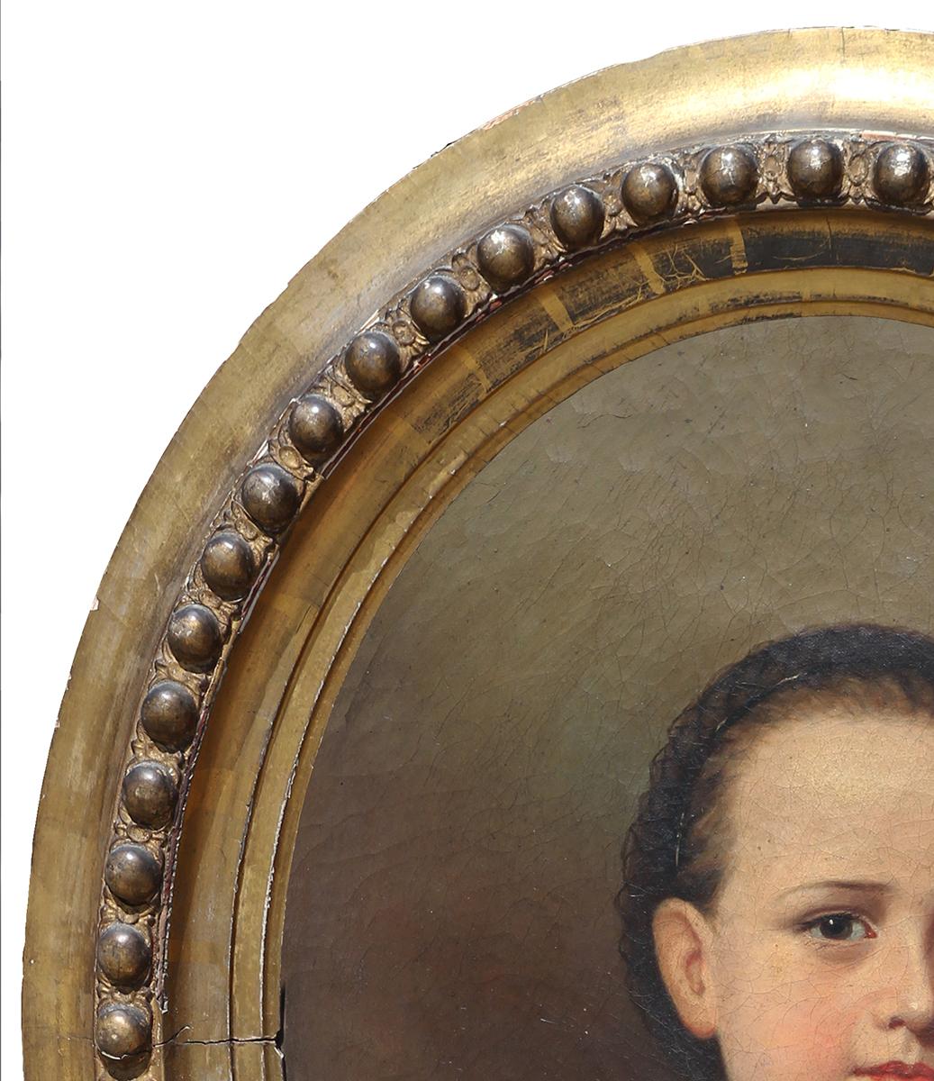 Antique Oval Realistic Portrait of a Young Lady - Brown Portrait Painting by Unknown