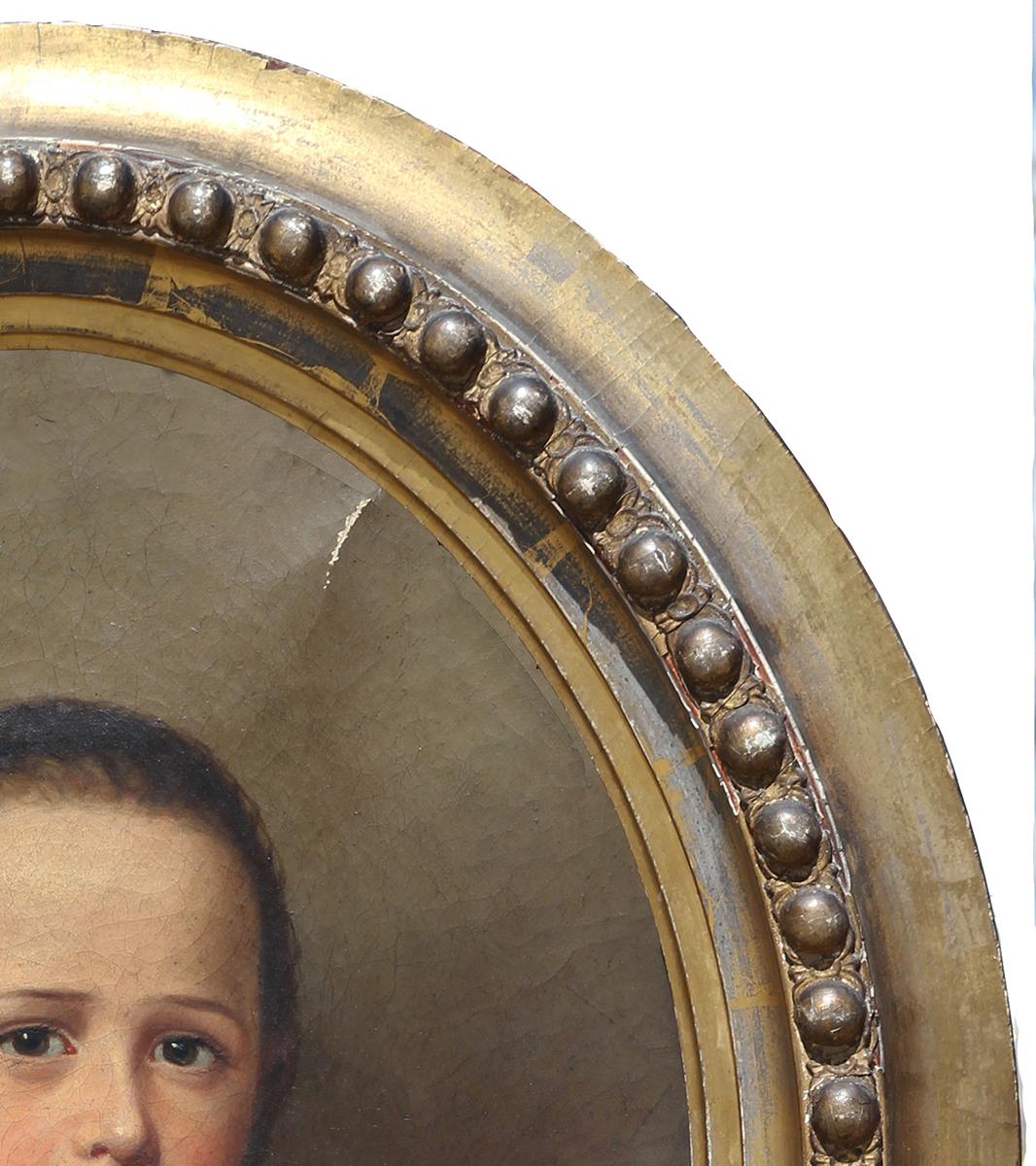 Realist oval portrait of a young lady wearing a thin headband and a white garment. Unsigned. Prepared by Theodore Kelley (comes with another similar piece signed 