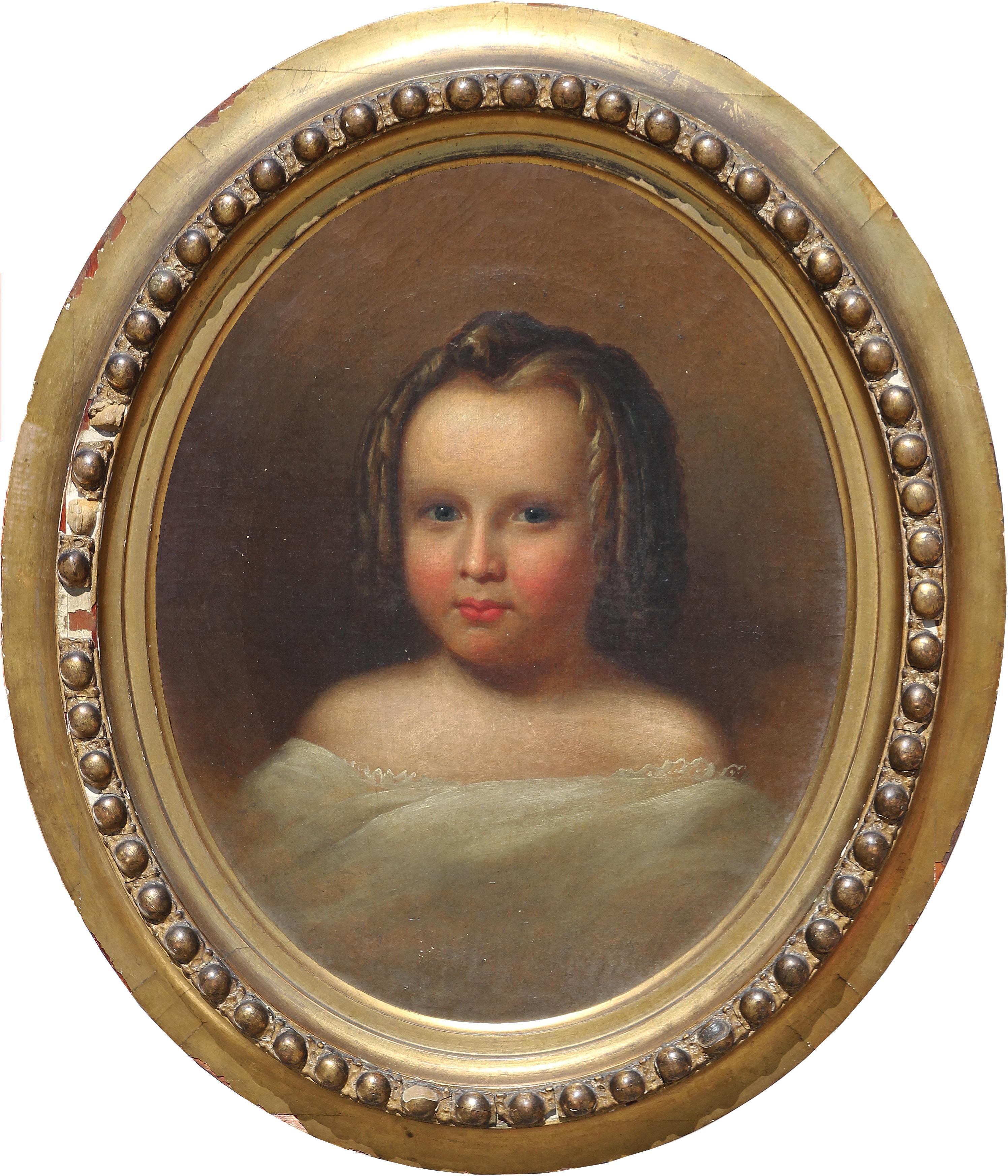Unknown Portrait Painting - Antique Oval Realistic Portrait of a Young Lady