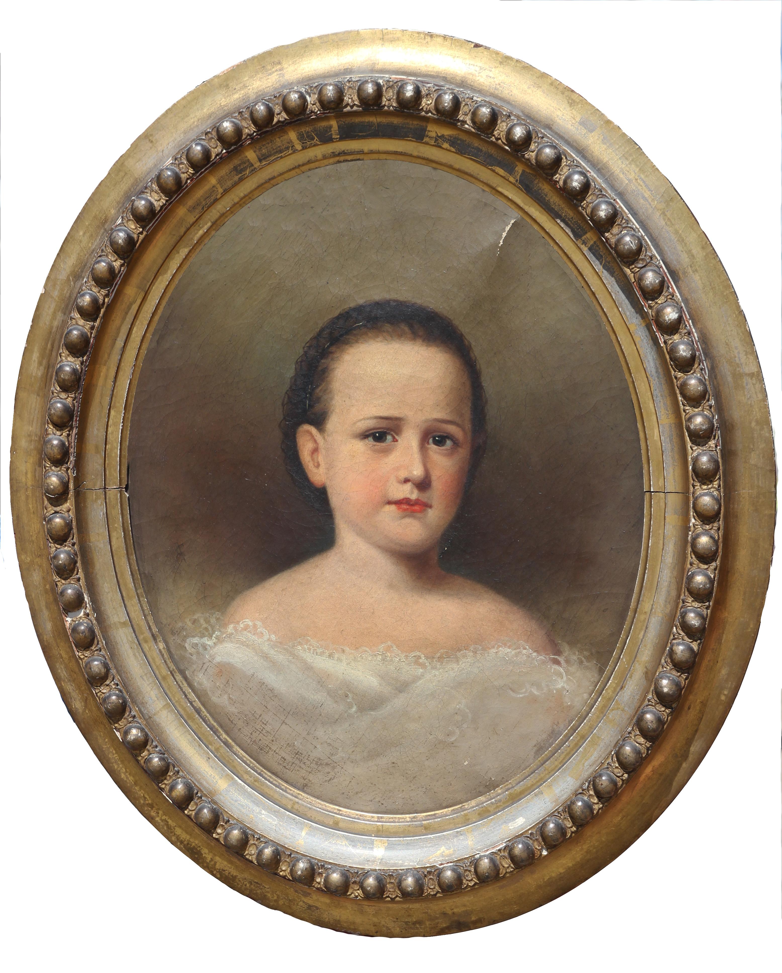 Portrait Painting Unknown - Portrait réaliste ovale ancien d'une jeune femme