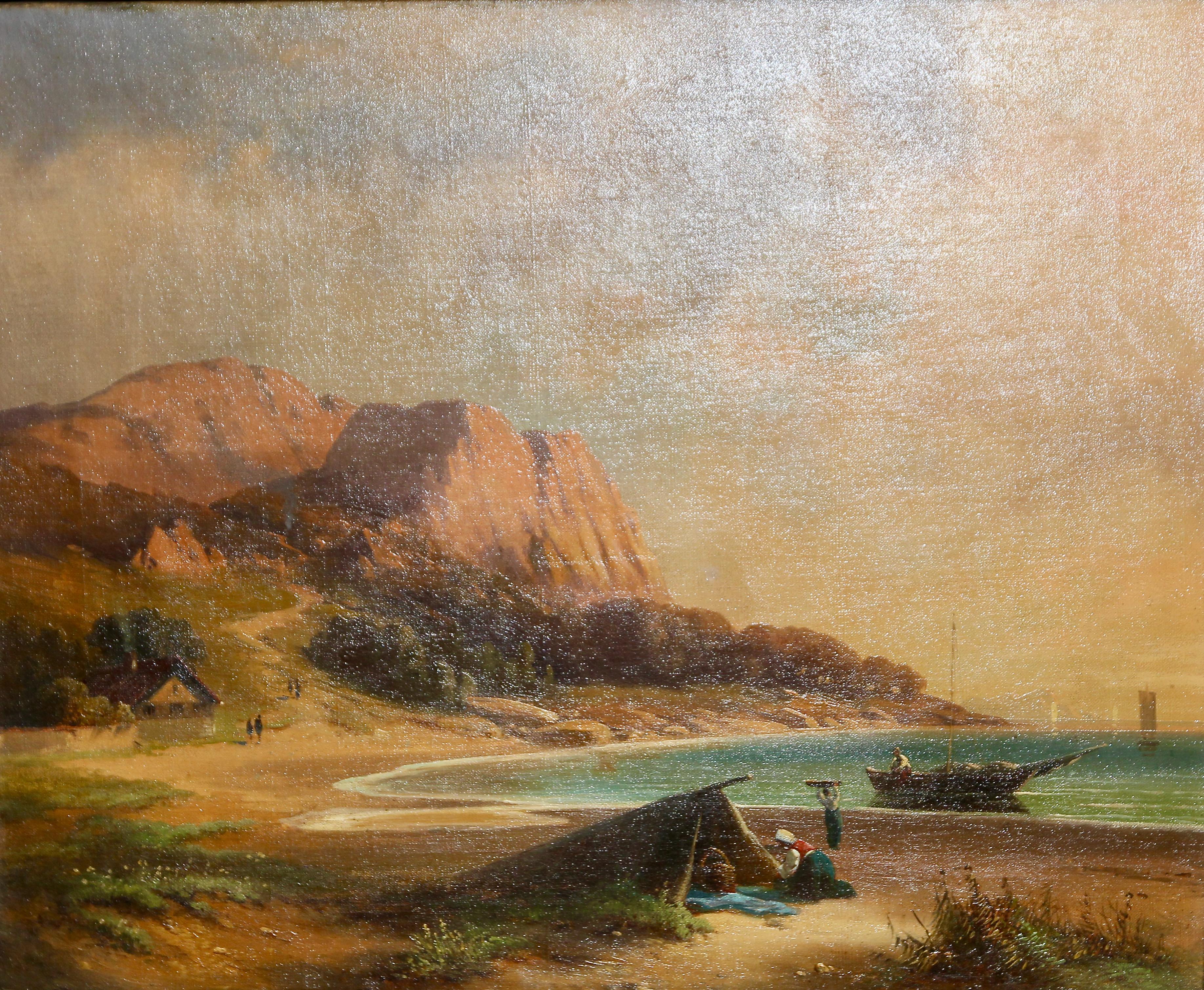 Antikes Gemälde, Fischer an der Küste, Öl auf Leinwand. – Painting von Unknown