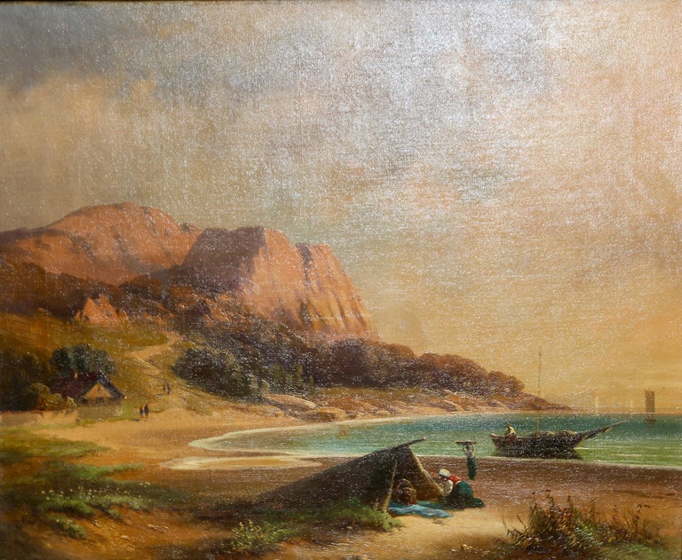 Antique painting, fisherman on the coast, oil on canvas. - Painting by Unknown