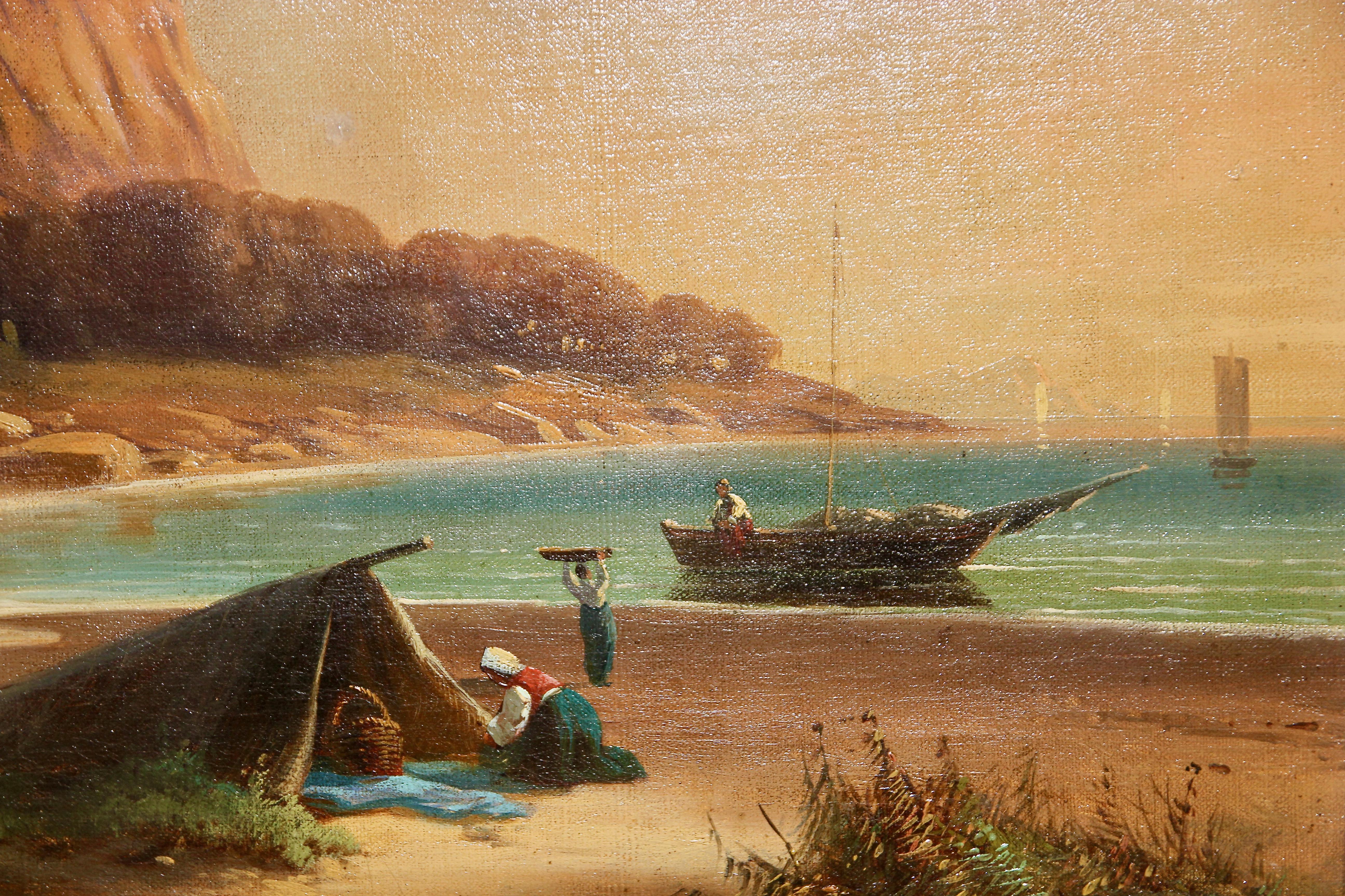 Peinture ancienne, pêcheur sur la côte, huile sur toile. - Romantique Painting par Unknown