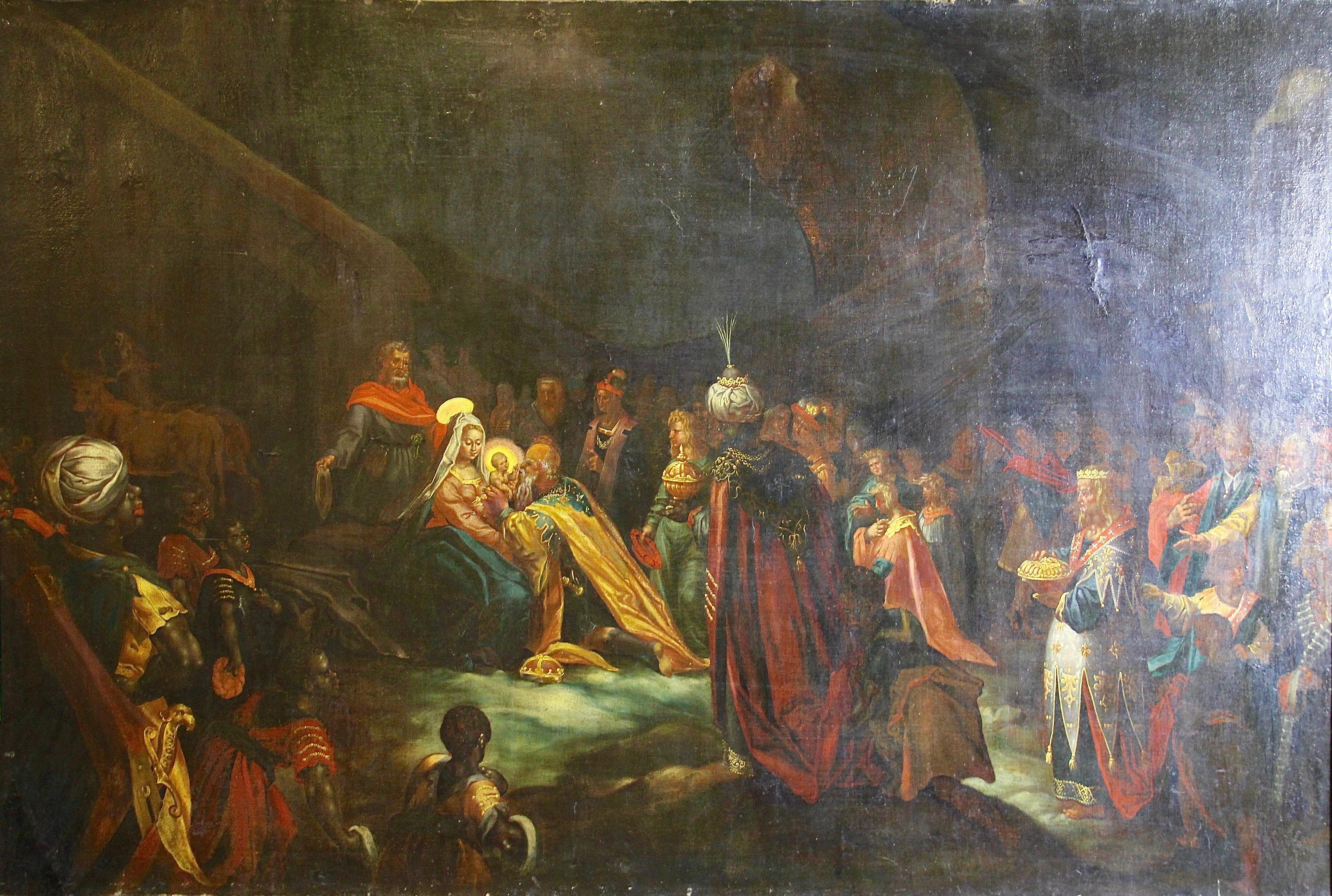 Antique painting. "Kings from all over the world in Bethlehem". Christian scene.
