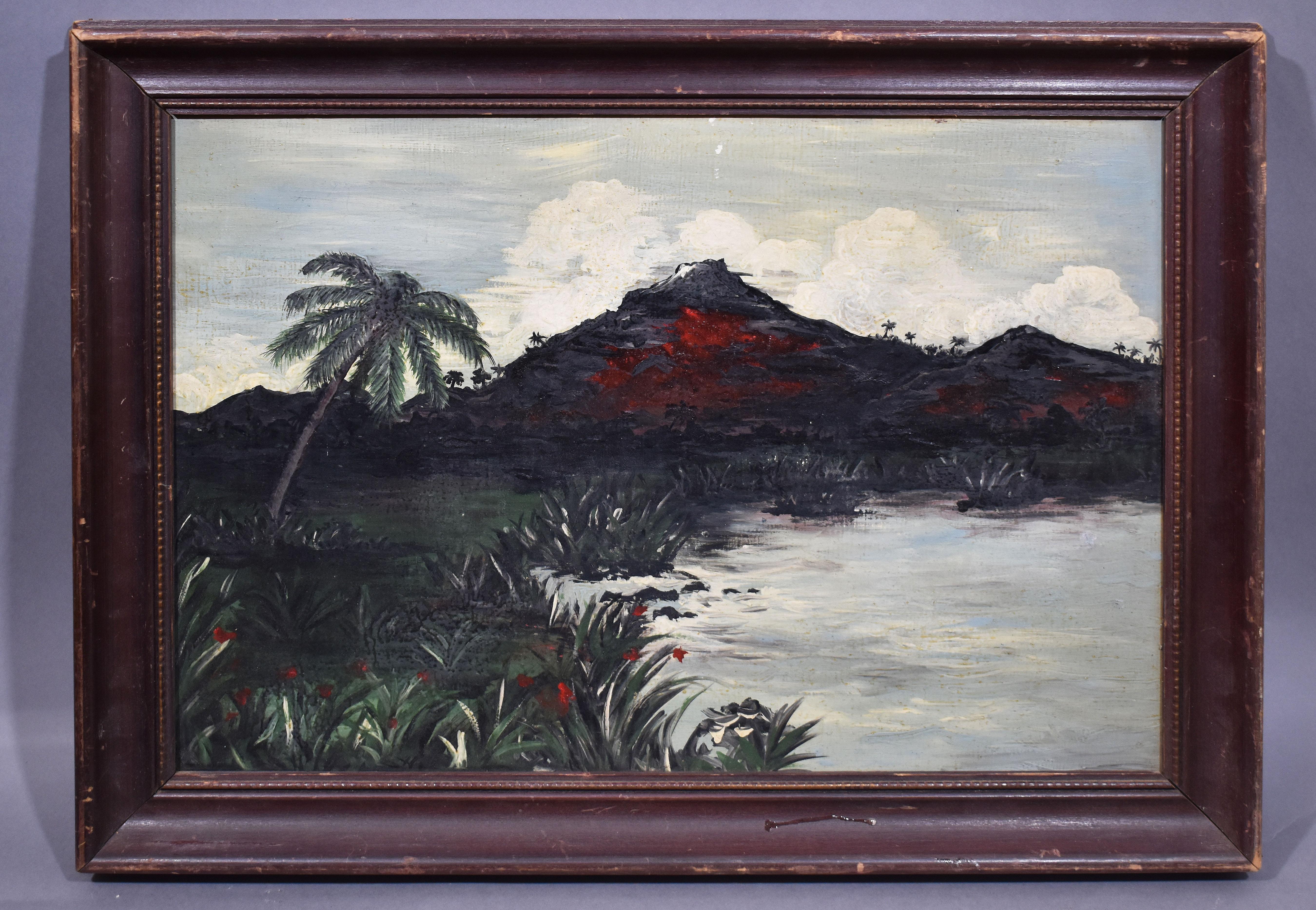 Antique Painting of British New Guinea Signed 1945 Original Oil Painting - Black Landscape Painting by Unknown