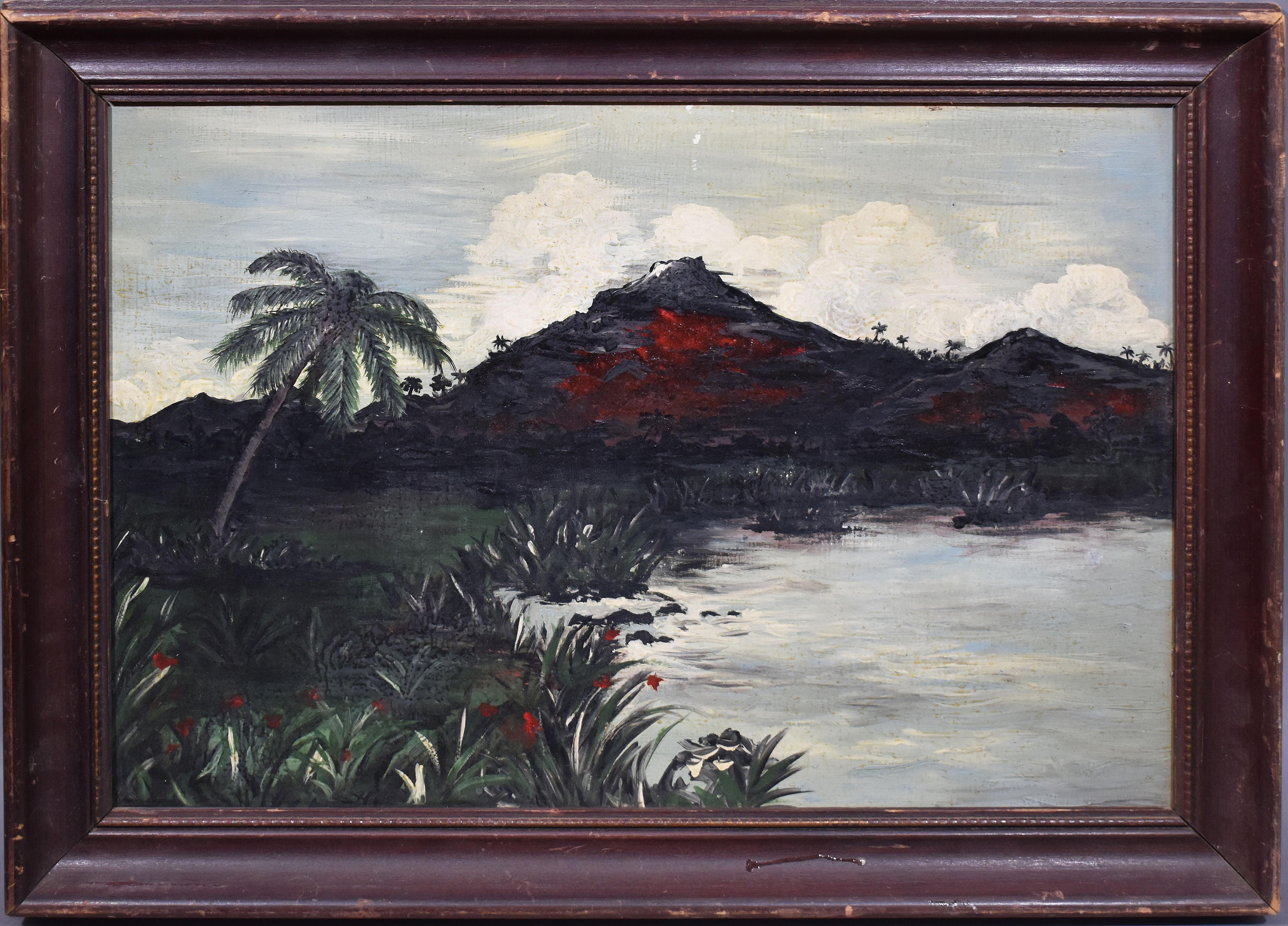 Antique modernist painting of British New Guinea.  Oil on board, circa 1945.  Signed on verso.  Displayed in a period  frame.  Image size, 20