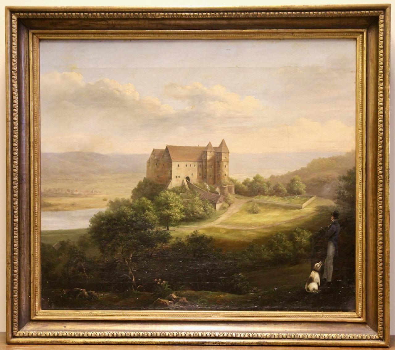 Antikes Gemälde, Öl auf Leinwand, 19. Jahrhundert. Walking the Dog und Castle View mit Hund – Painting von Unknown