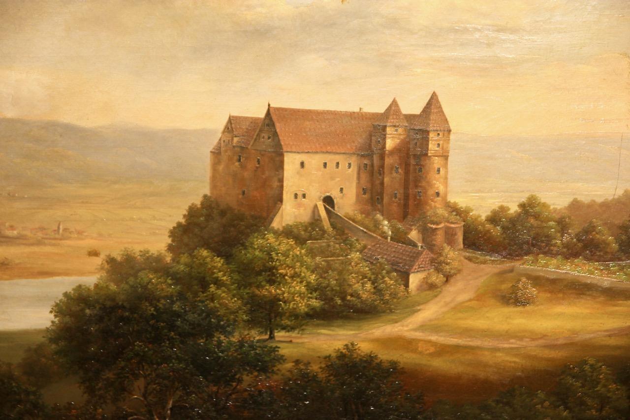 Pintura antigua, Óleo sobre lienzo, Siglo XIX. Pasear al perro y vistas al castillo - Figurative Painting Beige de Unknown