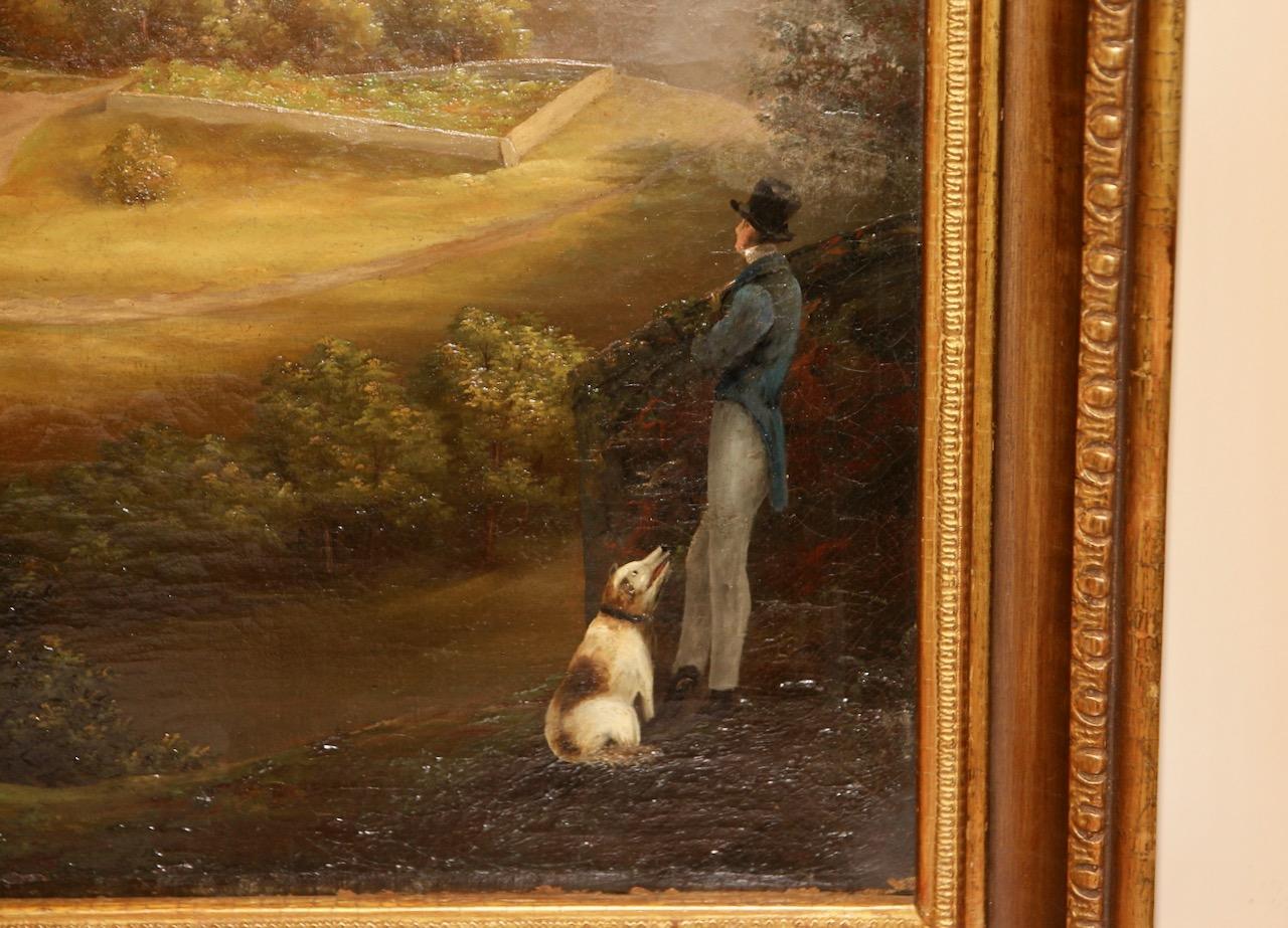 Pintura antigua decorativa, óleo sobre lienzo, siglo XIX. Paseando al perro, vista del castillo.

Dimensiones con marco: 65,5 cm x 74 cm