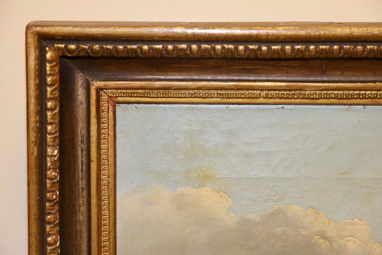 Pintura antigua, Óleo sobre lienzo, Siglo XIX. Pasear al perro y vistas al castillo en venta 1