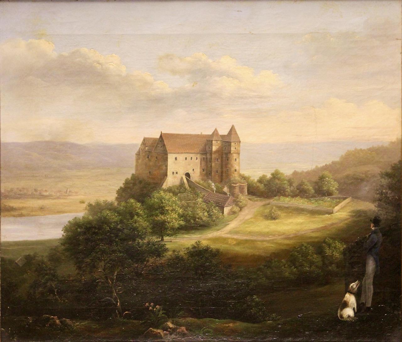 Unknown Figurative Painting – Antikes Gemälde, Öl auf Leinwand, 19. Jahrhundert. Walking the Dog und Castle View mit Hund