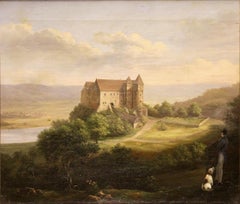 Antique Painting, Oil on Canvas, 19th Century. Walking the Dog and Castle View