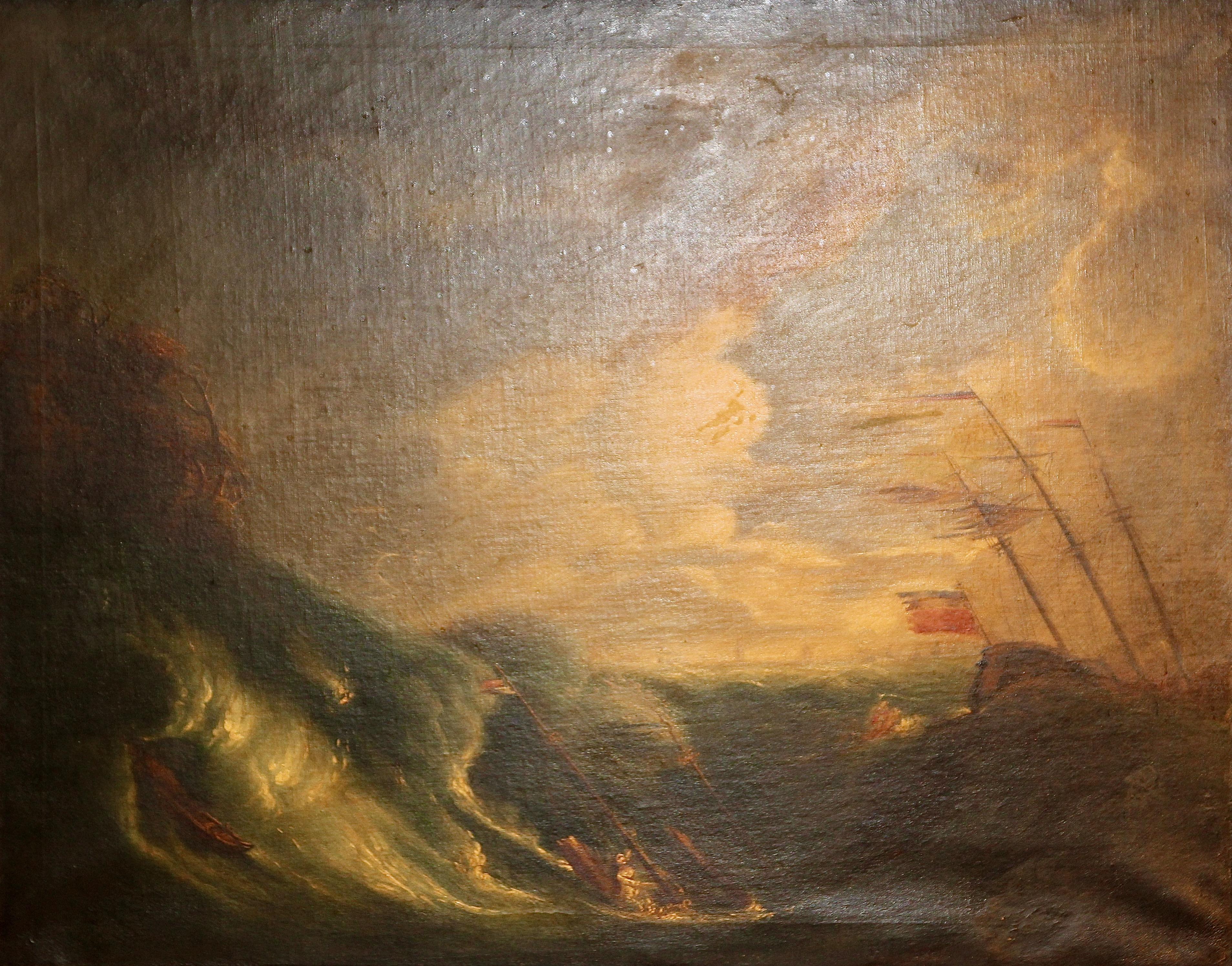 Peinture ancienne, huile sur toile bateau de grande taille sur une mer tempérée. - Painting de Unknown