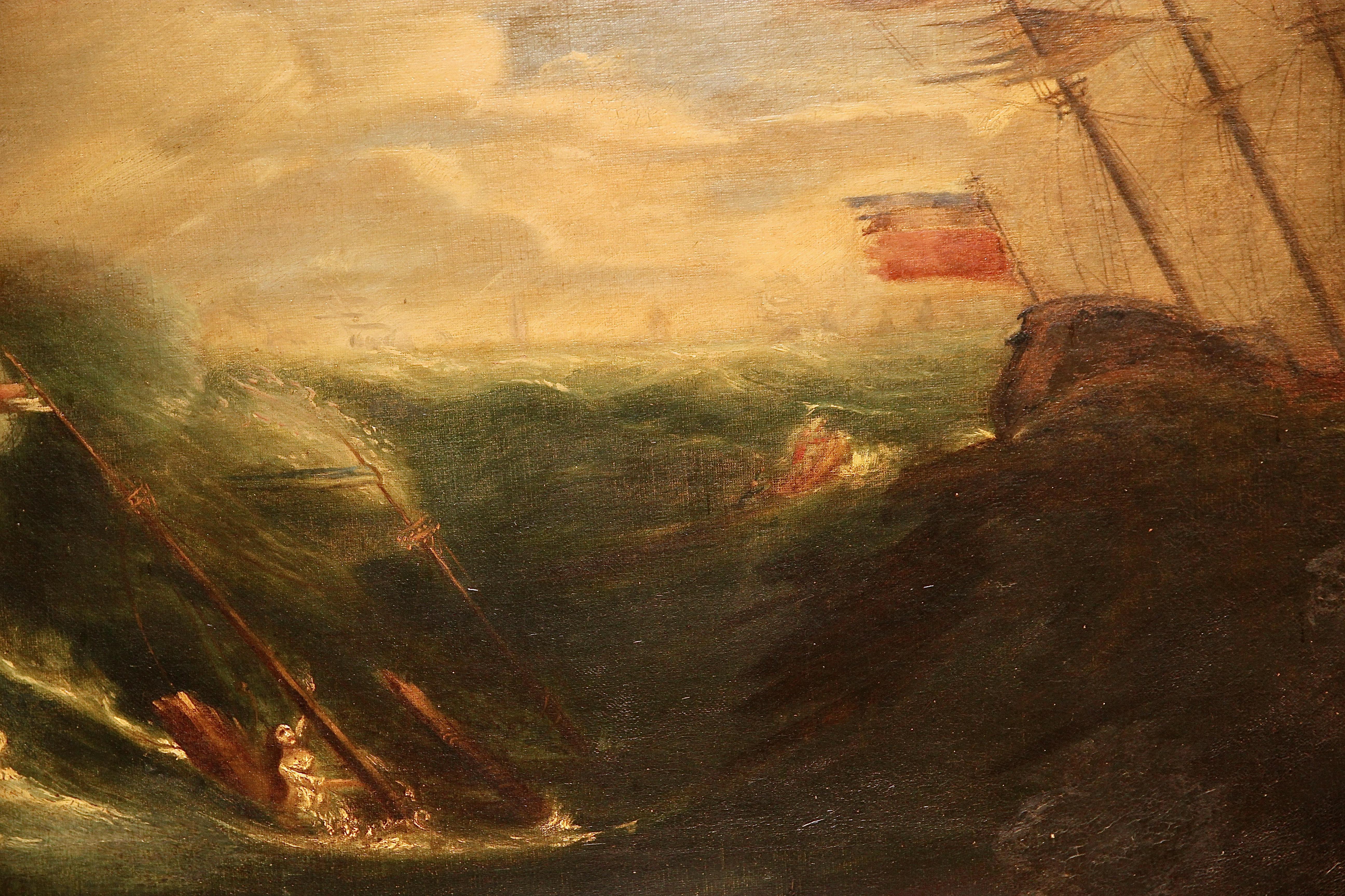 Peinture ancienne, huile sur toile bateau de grande taille sur une mer tempérée. - Marron Landscape Painting par Unknown
