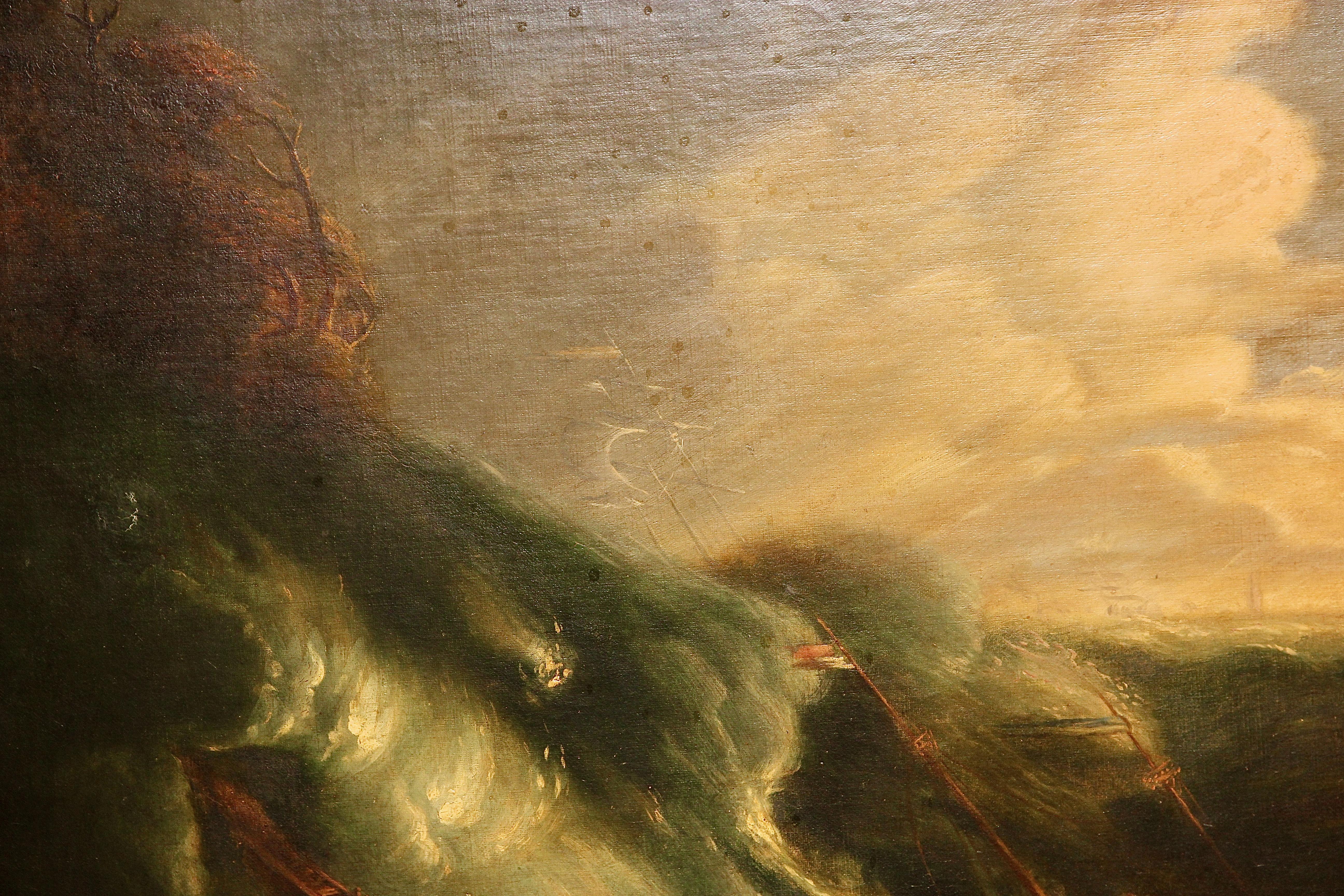 Peinture ancienne, huile sur toile. Navire chaviré sur une mer agitée.

La toile a été professionnellement revernie.
Dimensions, y compris le cadre.

Certificat d'authenticité inclus.