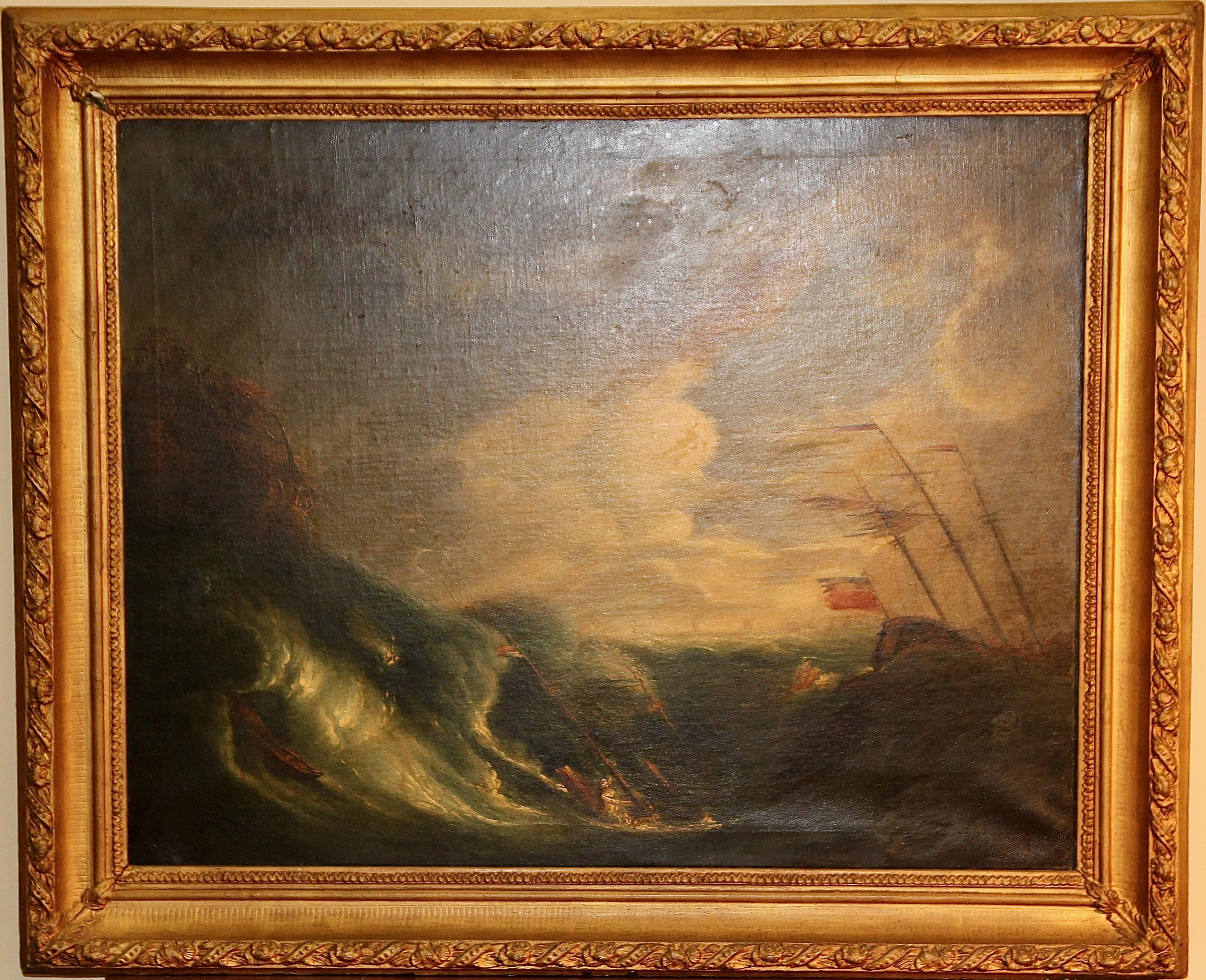 Antique Painting, Oil on canvas. Capsized Ship on a Stormy Sea.