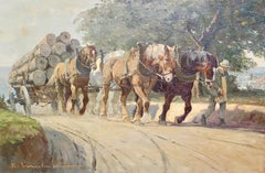 Antique Painting, oil on canvas. Draft Horses on country Road.