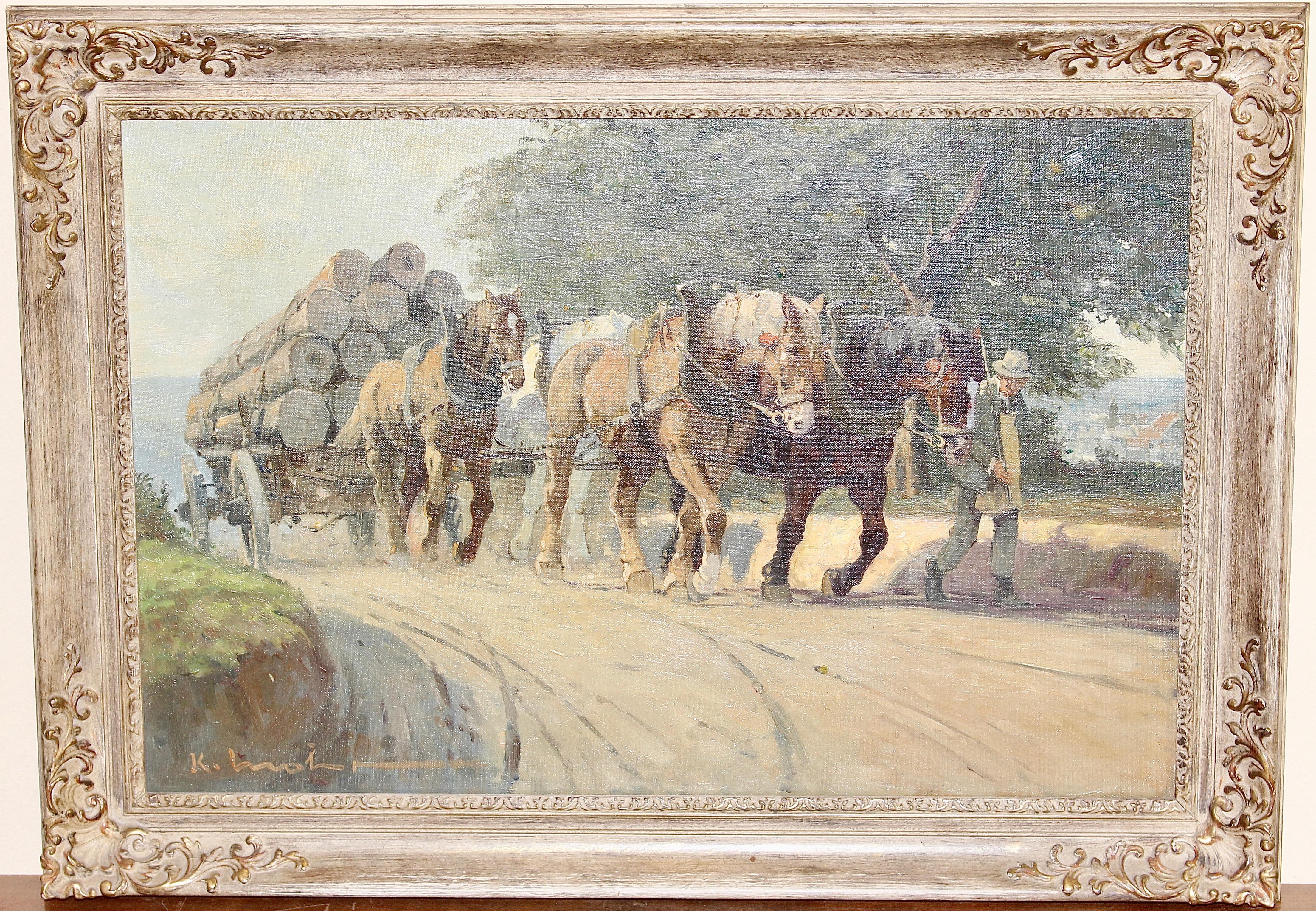 Antique Painting, oil on canvas. Draft Horses on country Road.