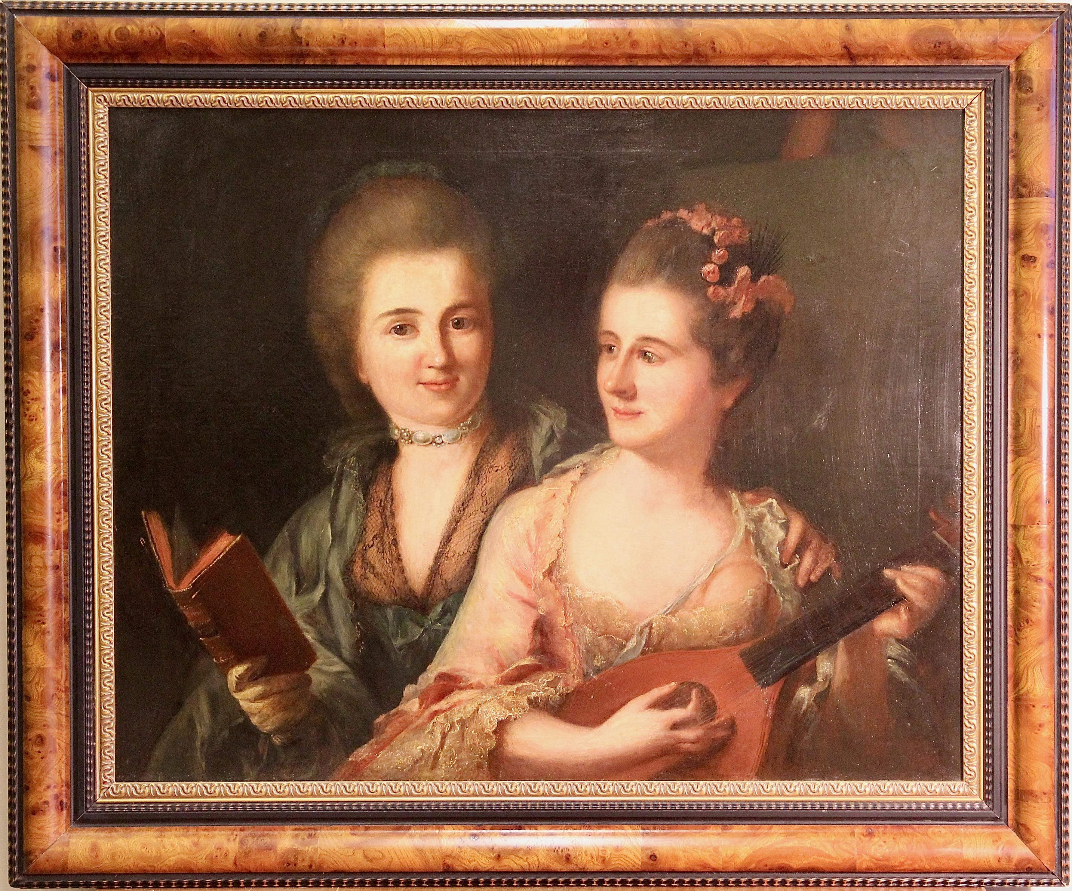 Unknown Portrait Painting - Antique Painting, oil on Canvas. Portrait of two Ladies. The Mandolin Player.