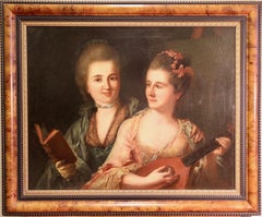 Antique Painting, oil on Canvas. Portrait of two Ladies. The Mandolin Player.